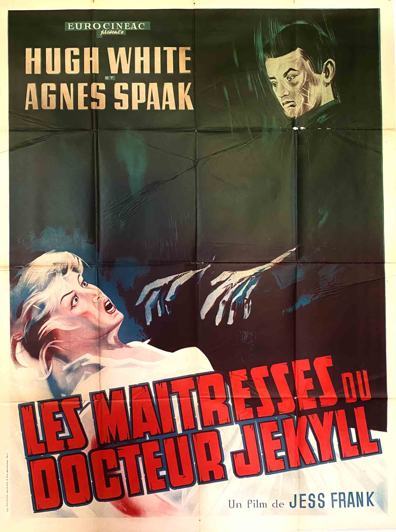 Affiche effrayante montrant des ombres menaçantes et une femme terrifiée.