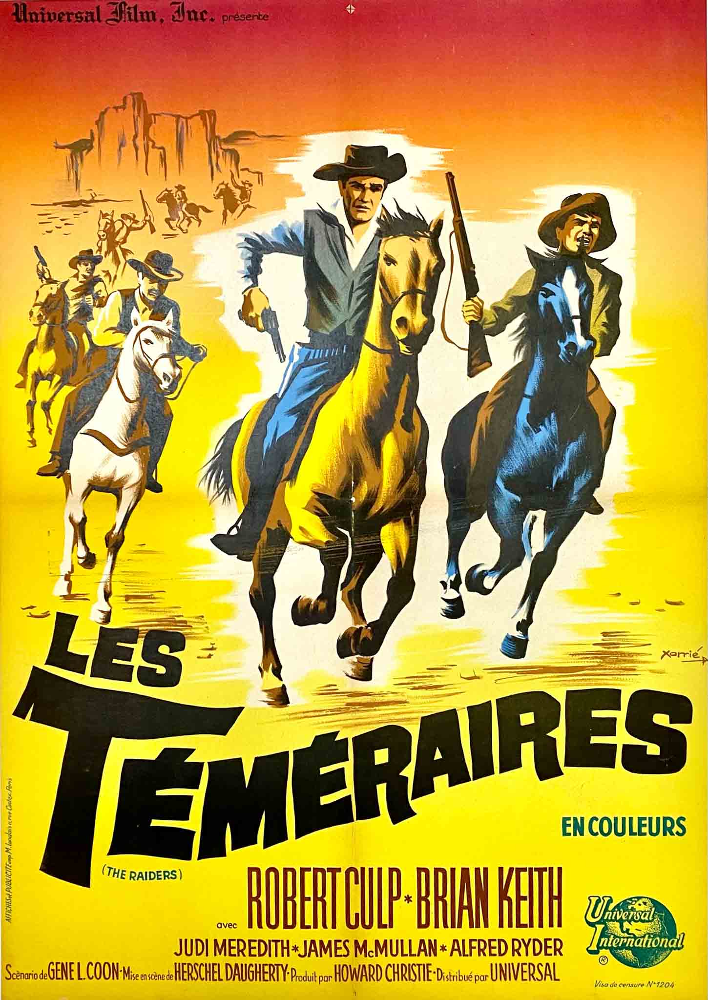 Affiche du film "Les Teméraires" de 1960, avec des cowboys en action sur des chevaux.