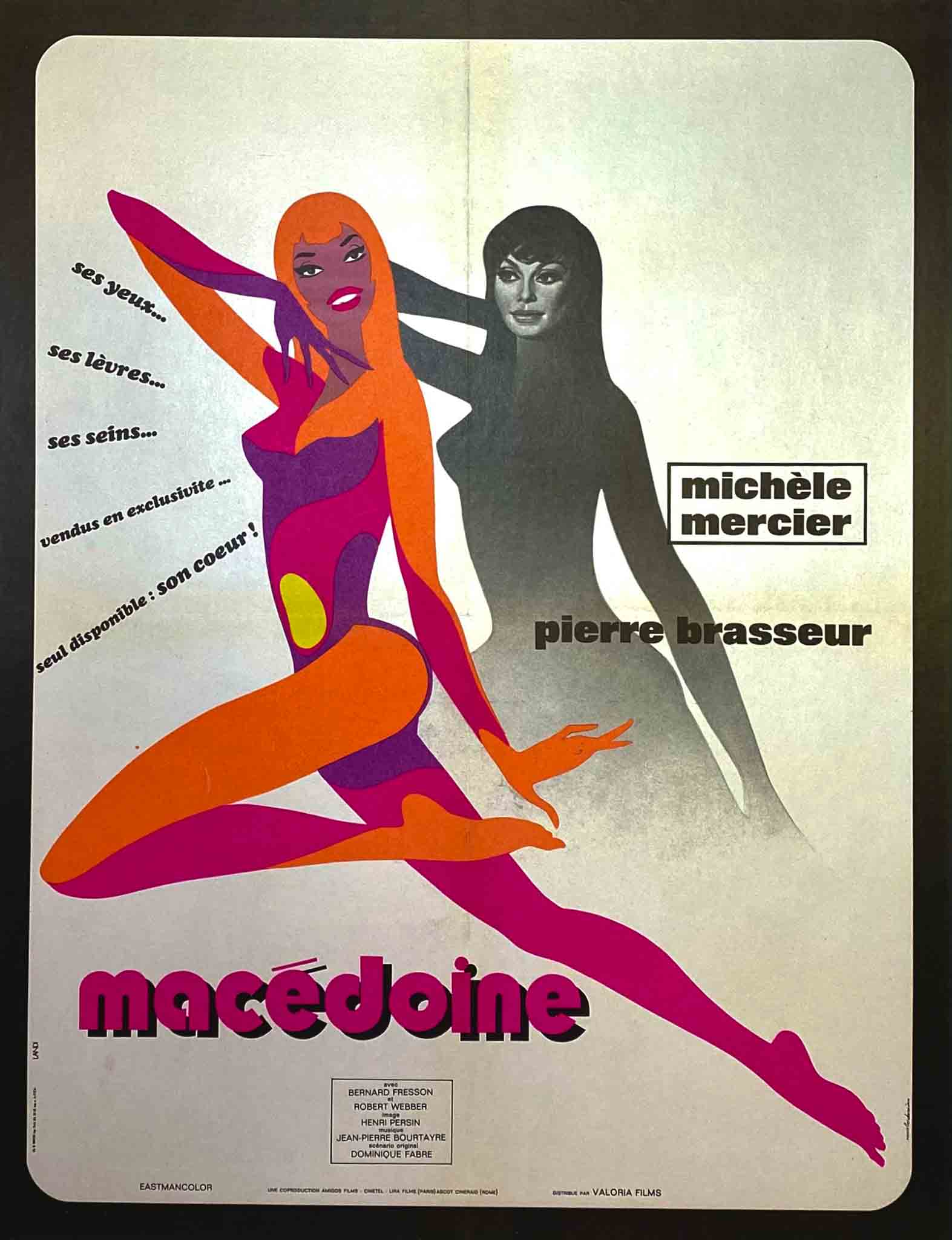 Affiche du film "Macédoine" de 1971, illustration pop art avec silhouette féminine et couleurs vives.