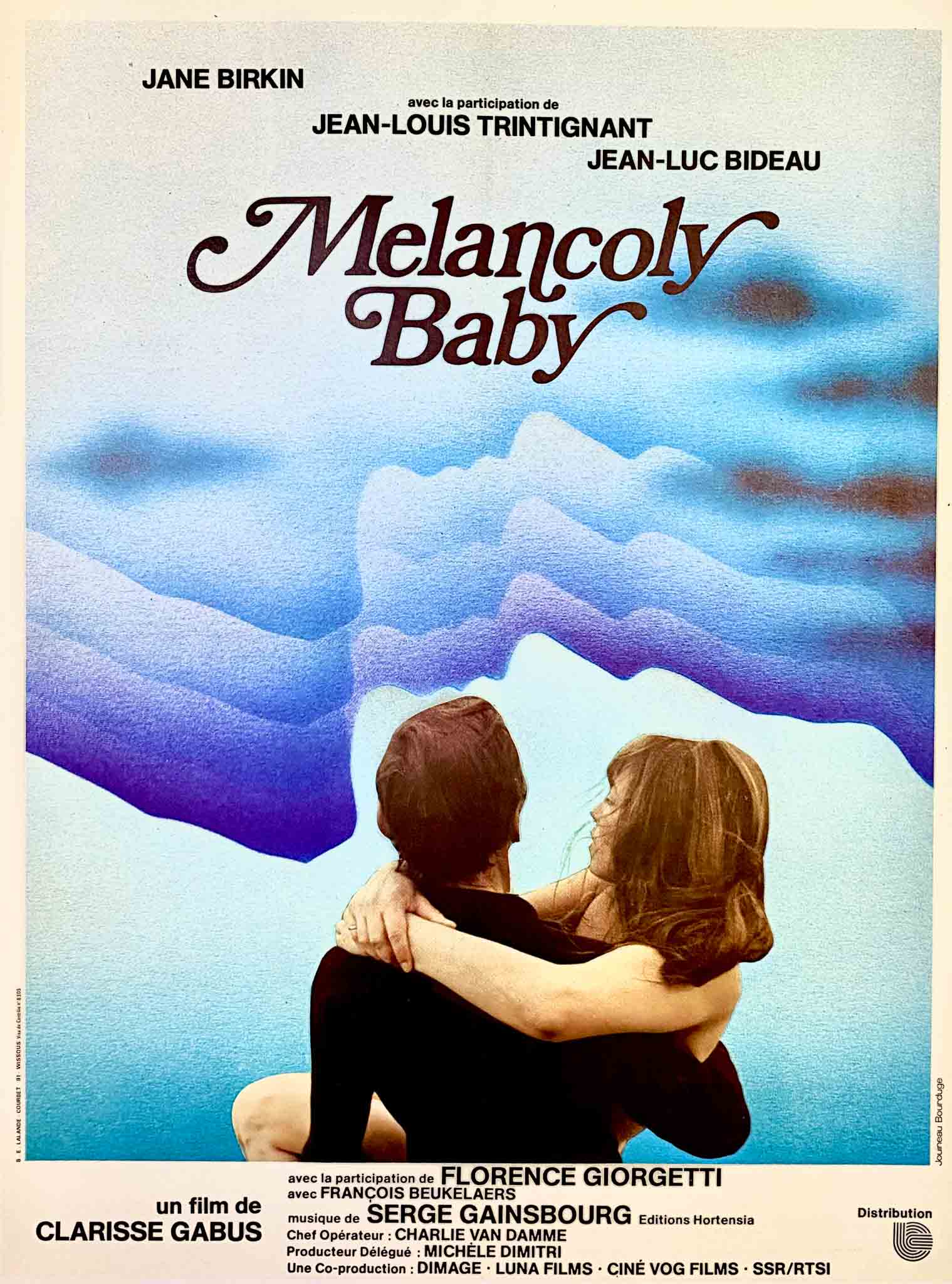 Affiche du film "Melancoly Baby" de 1979, avec un couple dans une ambiance romantique bleutée.