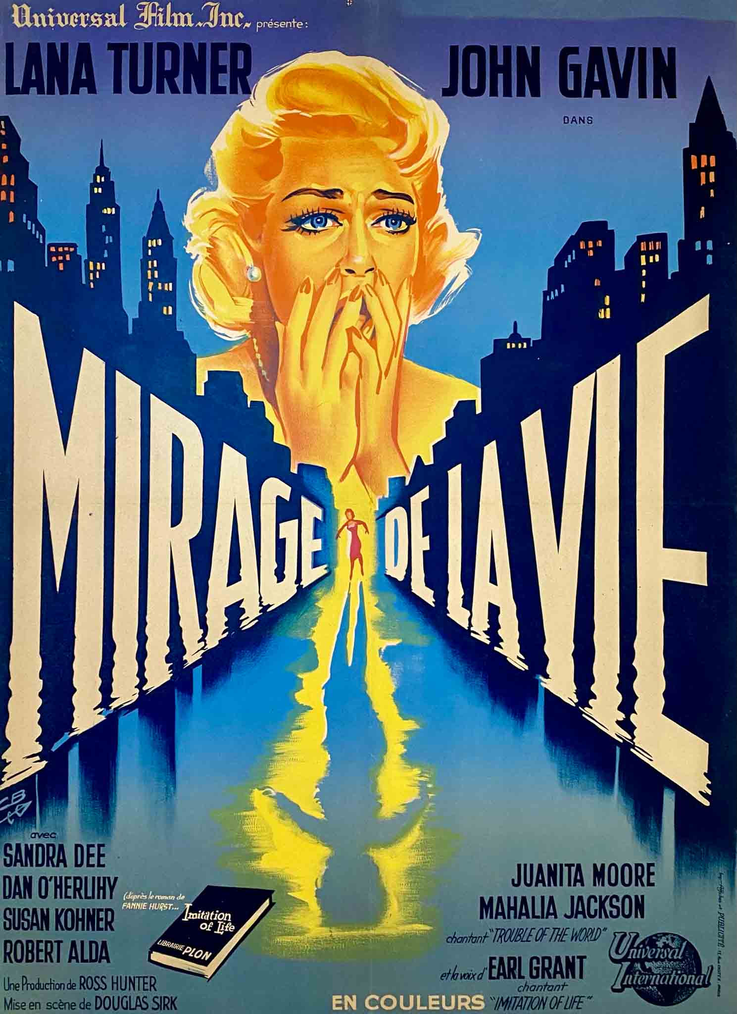 Affiche du film "Mirage de la Vie" de 1959, avec portrait expressif de Lana Turner en couleur vive.