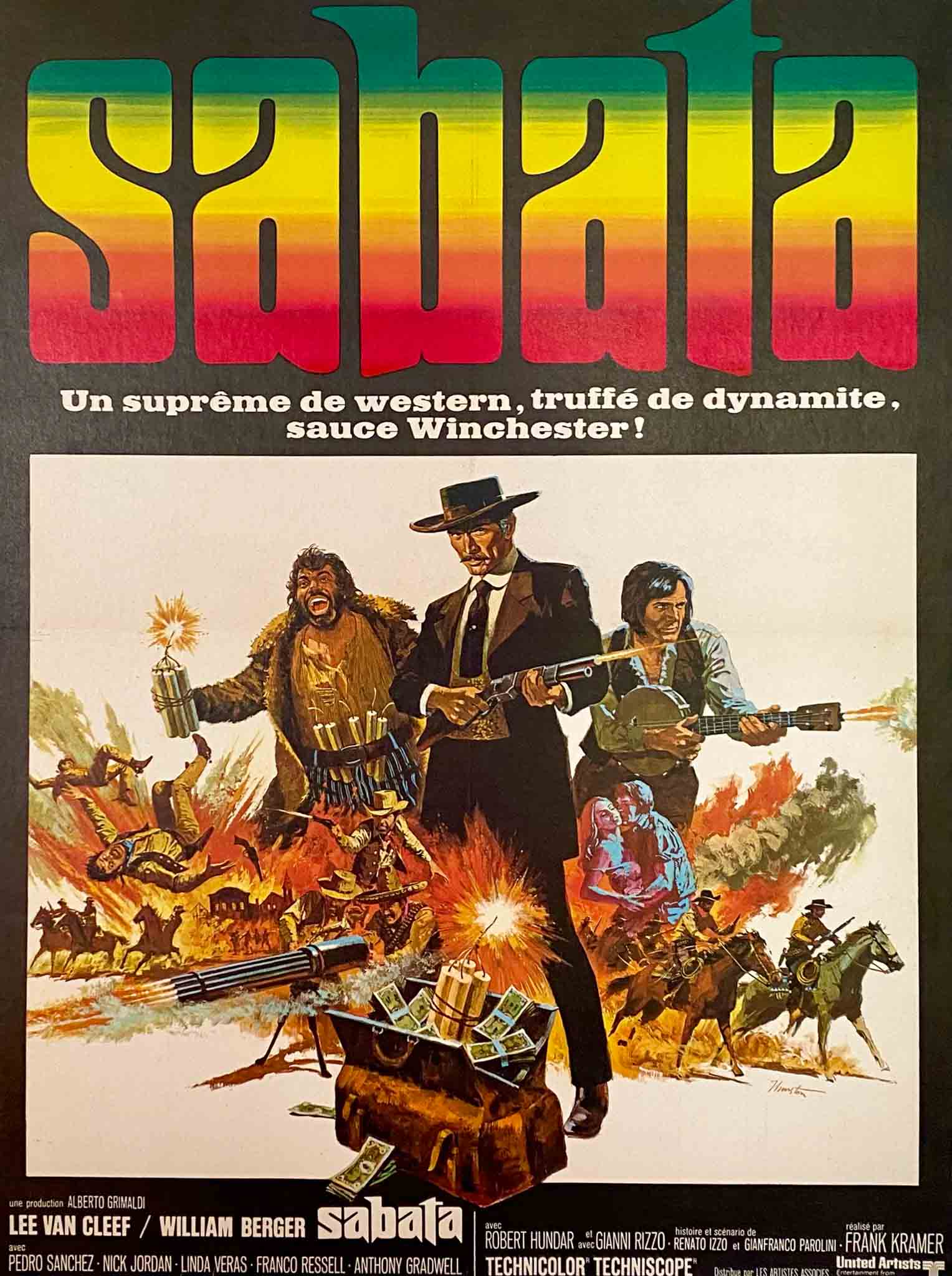 Affiche du film Sabata montrant Lee Van Cleef et explosions en arrière-plan, ambiance western.