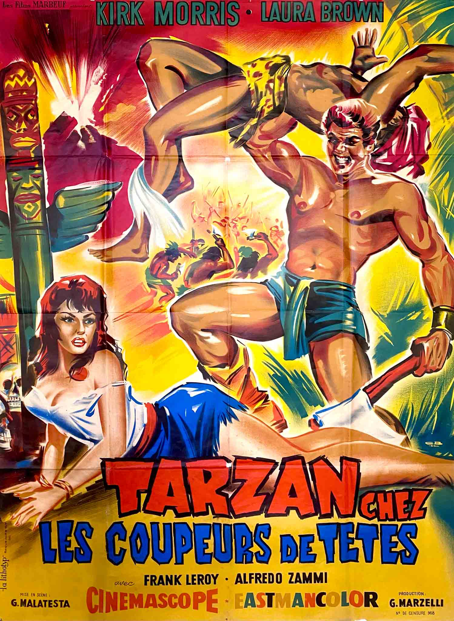 Affiche vibrant de couleurs montrant Tarzan dans une scène d’action au cœur de la jungle, ambiance tribale.