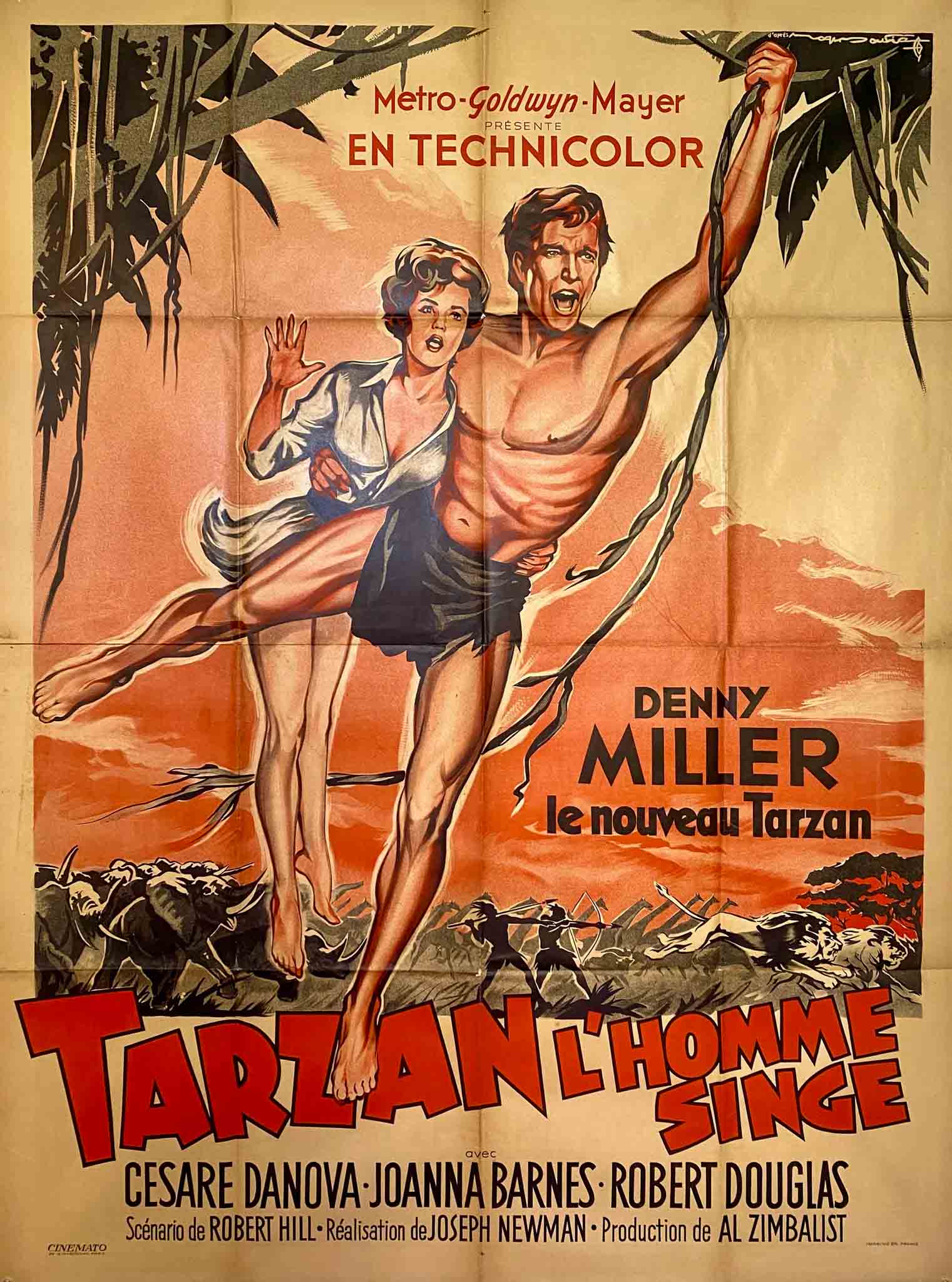 Affiche dynamique montrant Tarzan et Jane dans une jungle sauvage, scène d’aventure classique.