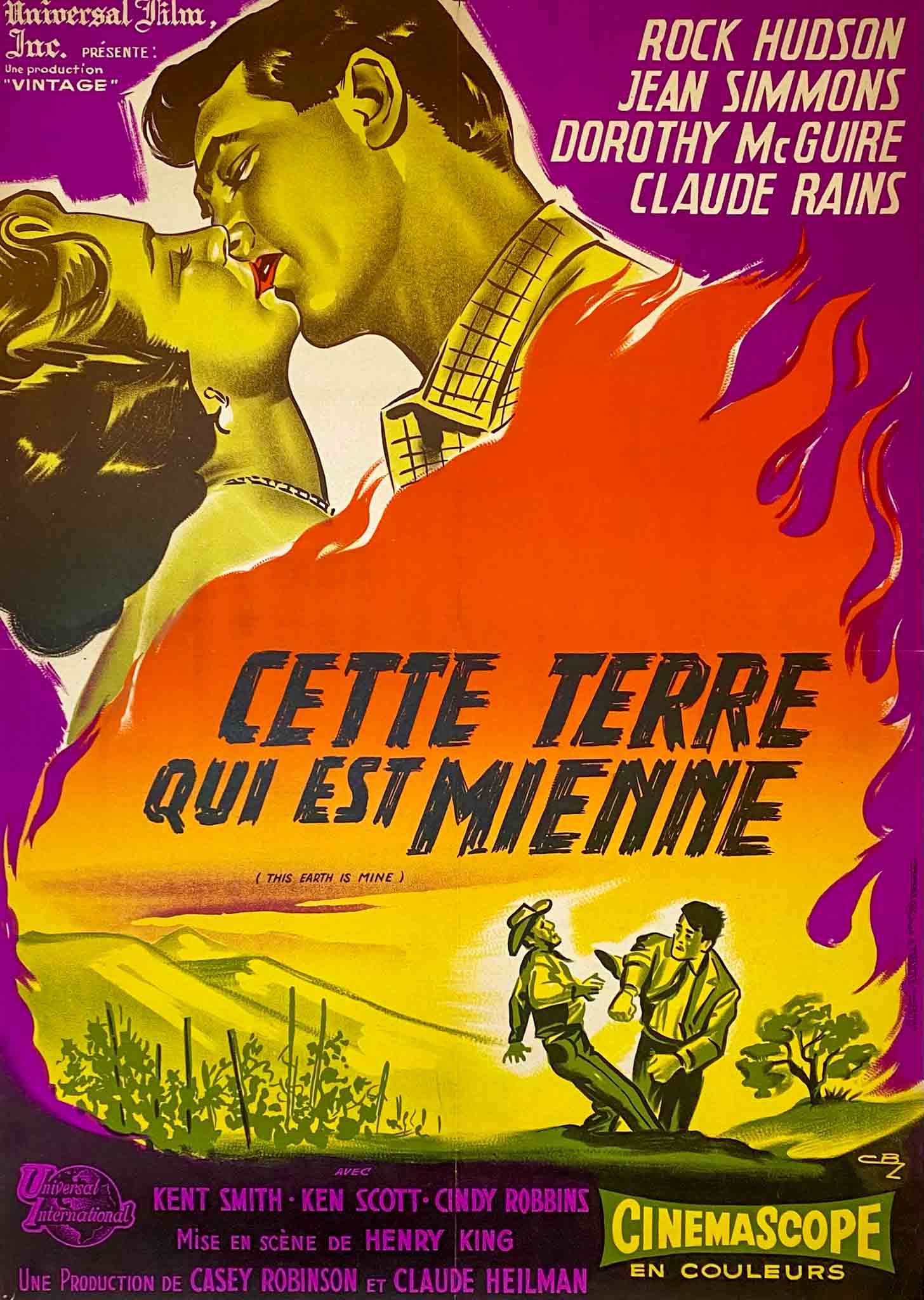 Affiche romantique "Cette terre qui est mienne" avec Rock Hudson et Jean Simmons en scène de baiser intense.