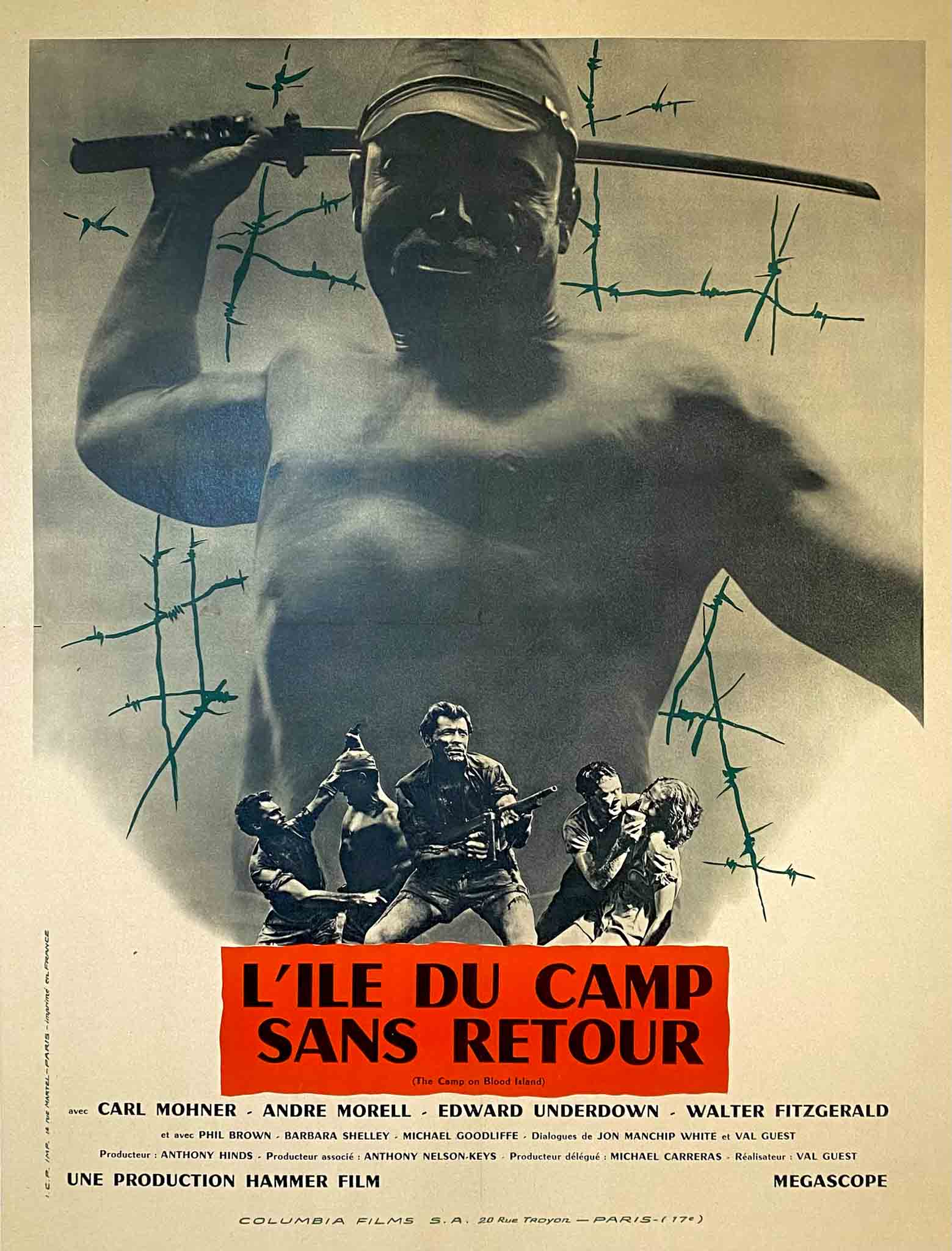 Affiche du film "L'île du camp sans retour" avec un soldat brandissant une arme dans un cadre intense et dramatique.