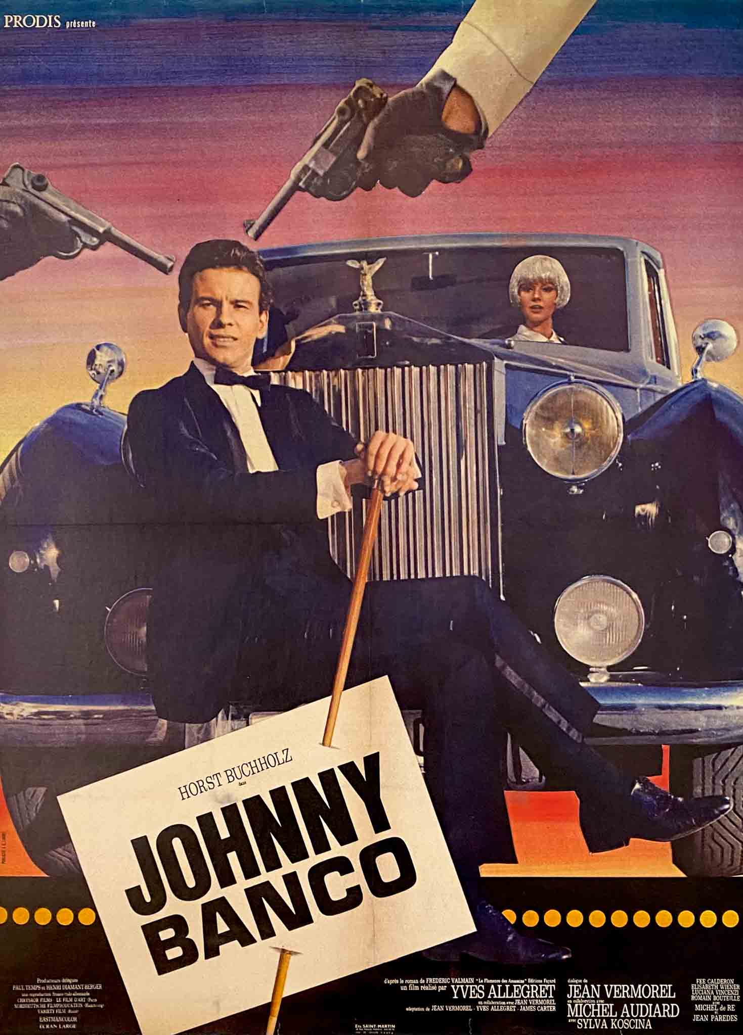 Affiche du film "Johnny Banco" avec Horst Buchholz dans une posture élégante devant une voiture de luxe.