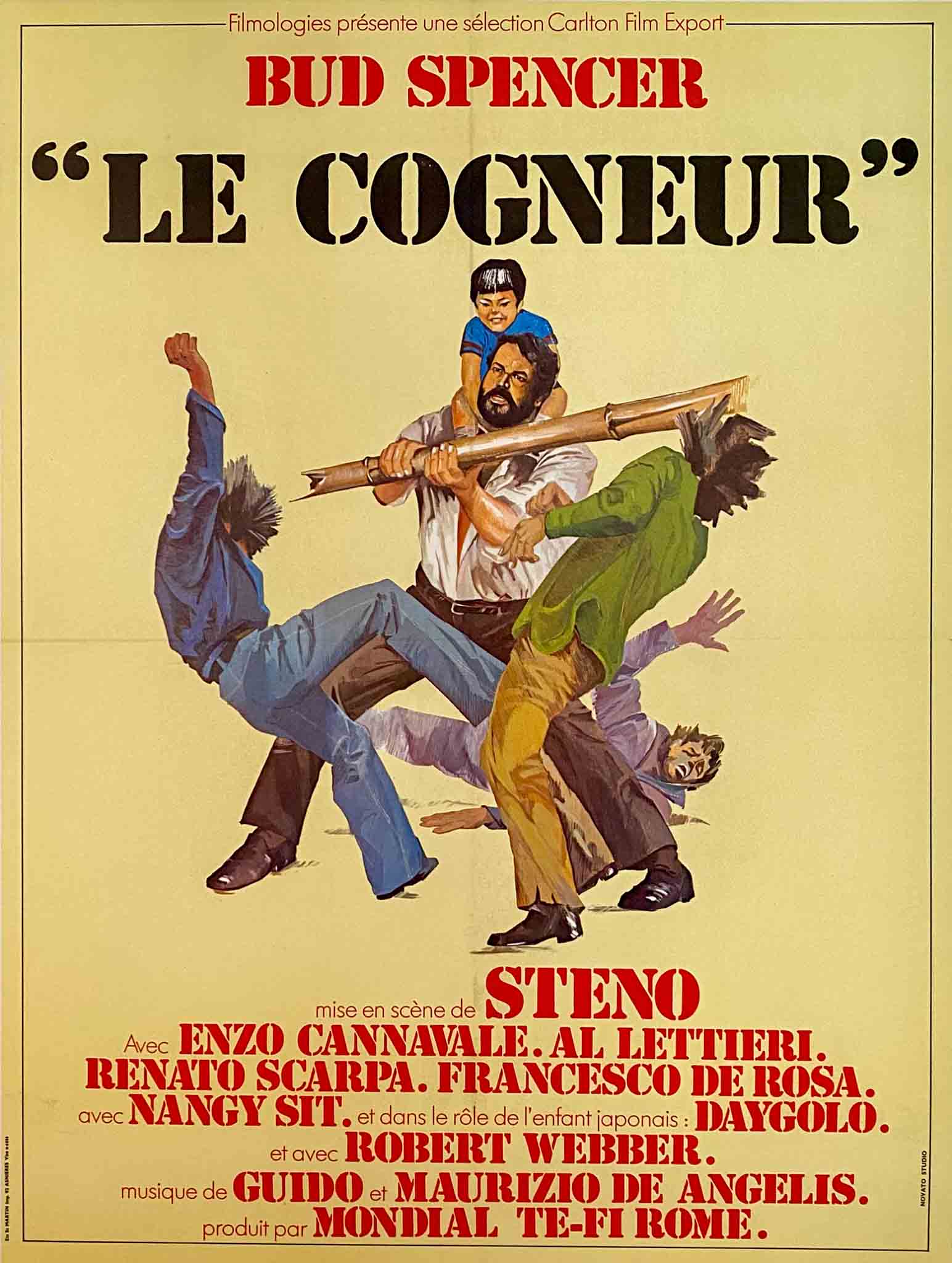 Affiche comique "Le Cogneur" avec Bud Spencer dans une scène d'action amusante.