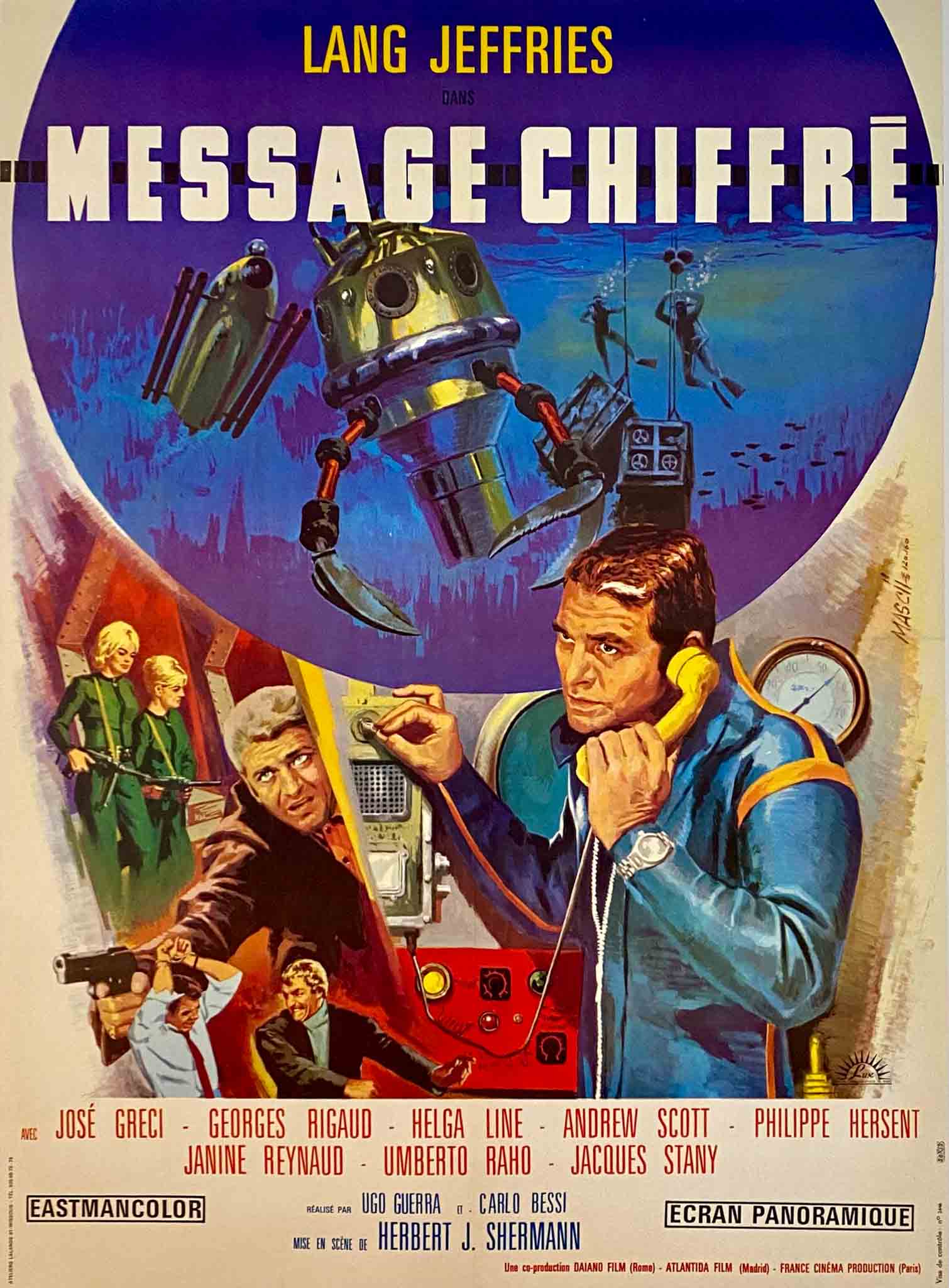 Affiche du film "Message Chiffré" illustrant une scène d'espionnage avec équipement sous-marin et protagonistes.