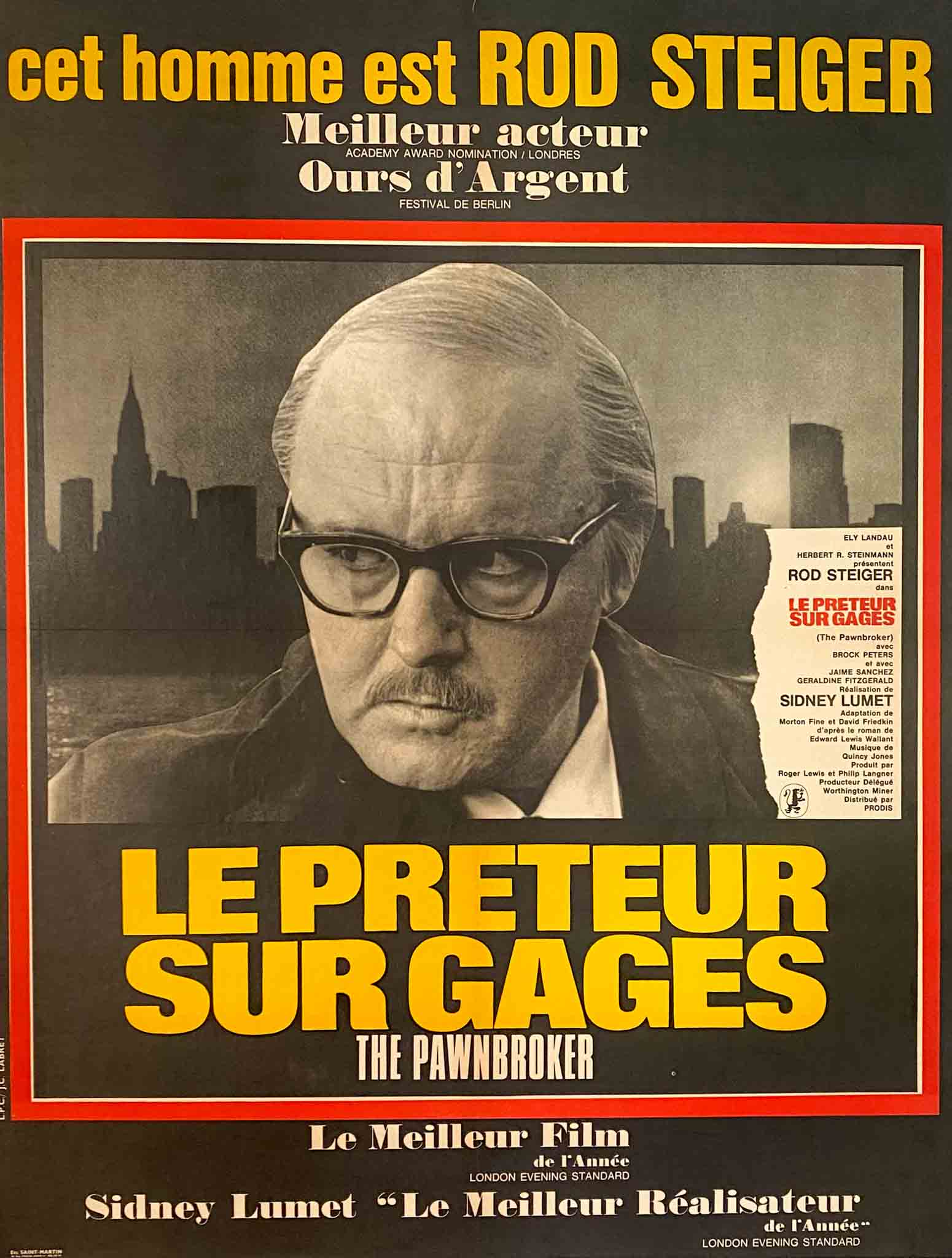 Affiche "Le Prêteur sur Gages" avec Rod Steiger, acteur principal en pose sombre et sérieuse.