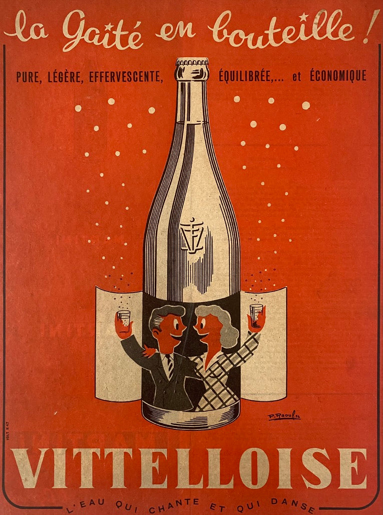 Affiche Vintage Publicité La Vittelloise La Gaité en Bouteille Par P. Raoul 1954