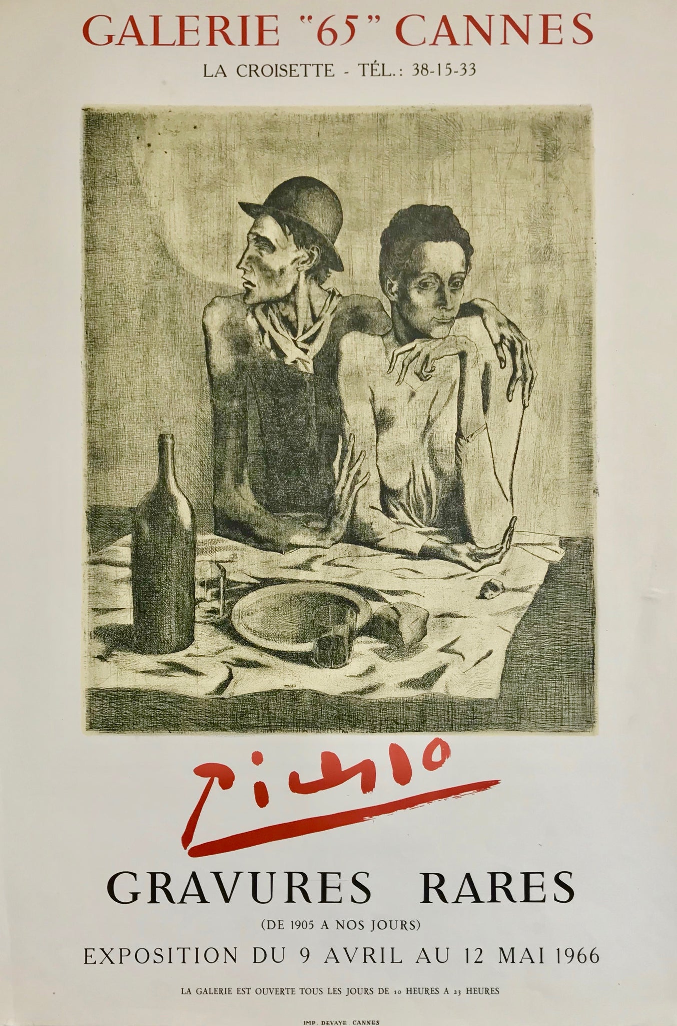  Affiche lithographique originale réalisée pour l'exposition "Gravures rares (1905 à nos jours)"  de Pablo Picasso à la galerie 65, Cannes, en mai 1966.