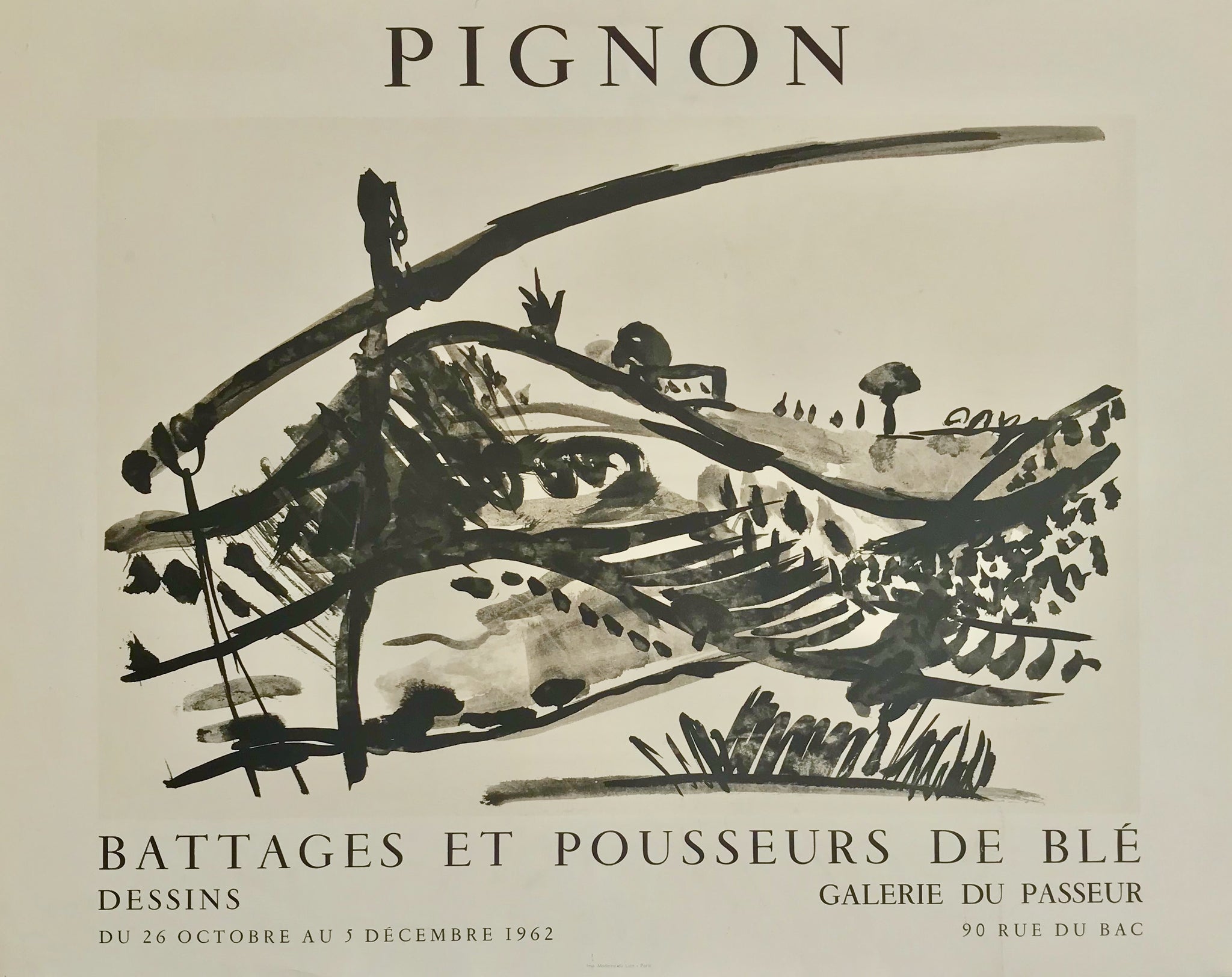Affiche originale Galerie du Passeur - Battages et pousseurs de blé Par Pignon Edouard, 1962