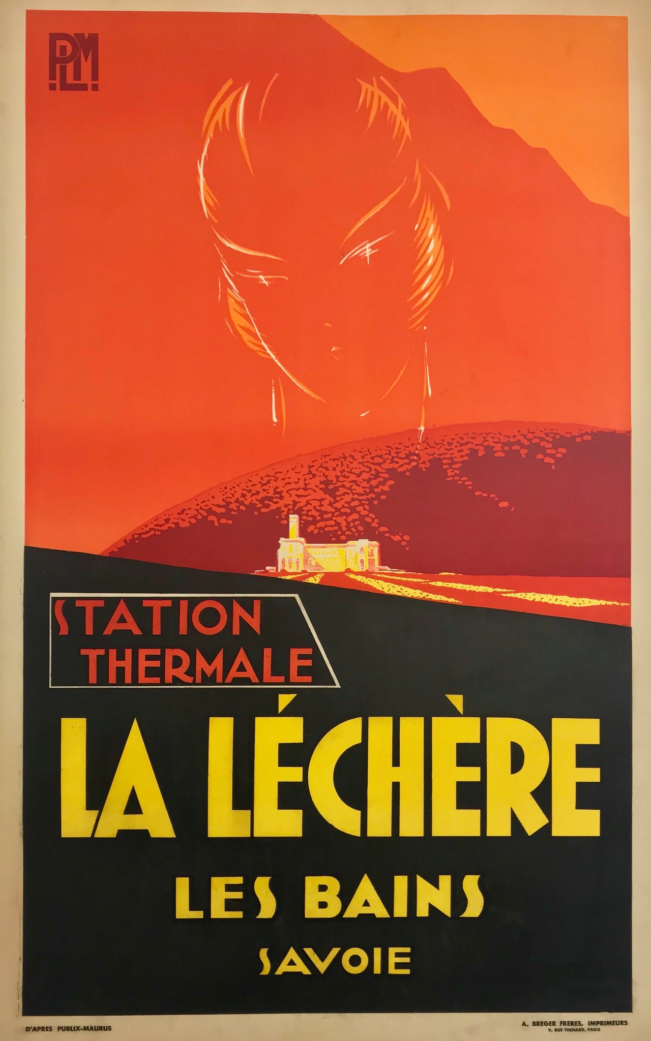 Affiche La Léchère Les Bains - Station Thermale Savoie     Affiche mettant en avant les transports à destination de la Savoie proposé par PLM (Paris-Lyon-Méditerranée).