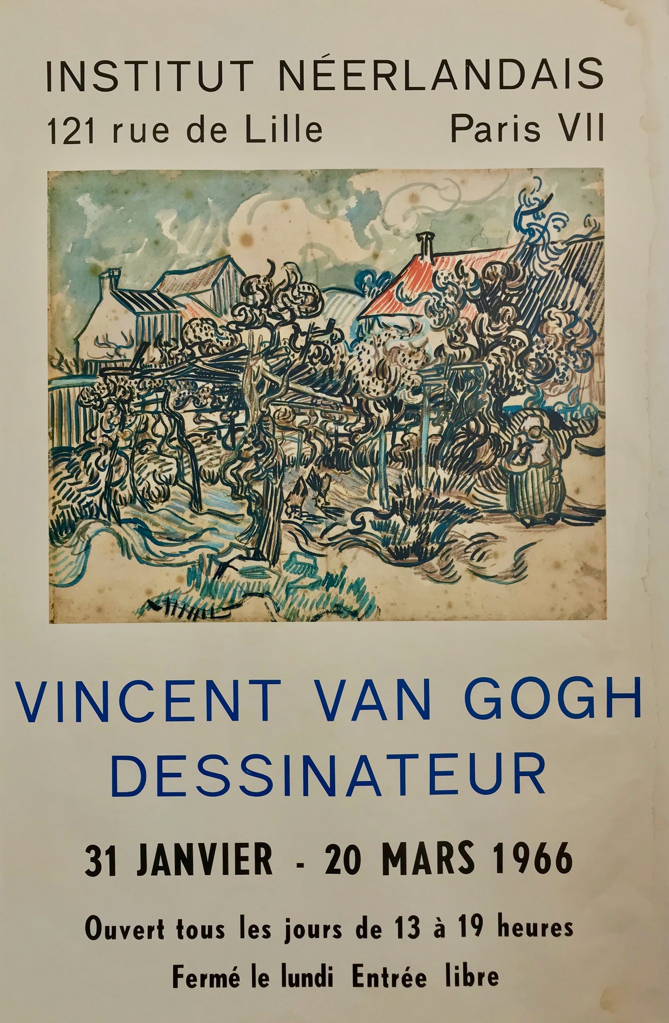 Affiche Institut  Néerlandais - Dessinateur Par Van Gogh, 1966     Il s'agit d'une affiche pour une exposition organisée par l'Institut Néerlandais mettant en vedette les oeuvres de Van Gogh.   Exposition  nommée "Vincent Van Gogh, Dessinateur", du 31 janvier au 20 mars 1966, Paris.
