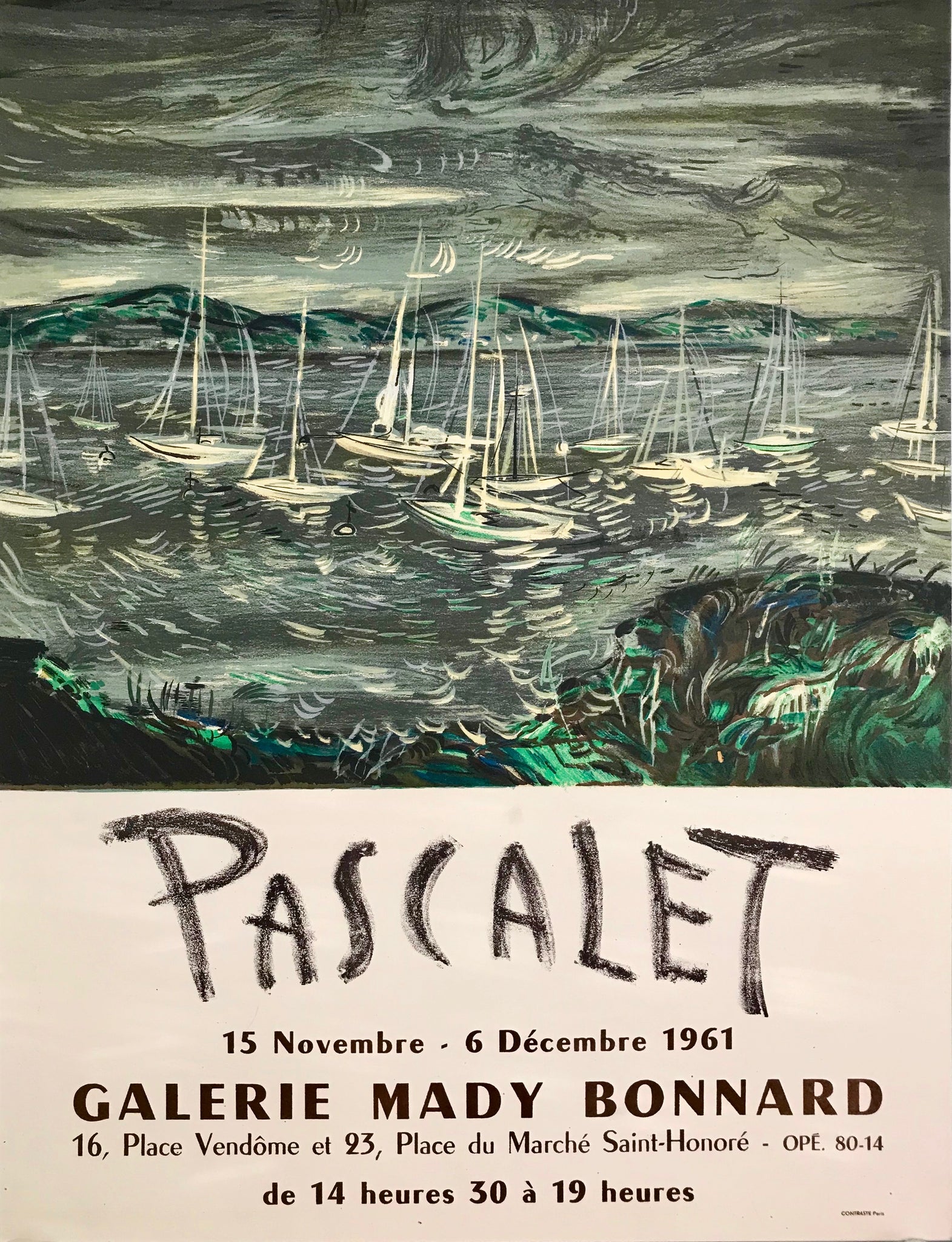 Affiche de galerie pour l'exposition de Pascalet à la galerie Mady Bonnard,  représentant un port avec des voiliers dans des eaux tumultueuses.  Peintre provençal, né à toulon en 1915, il entra aux Beaux-Arts de Toulon à 19 ans.