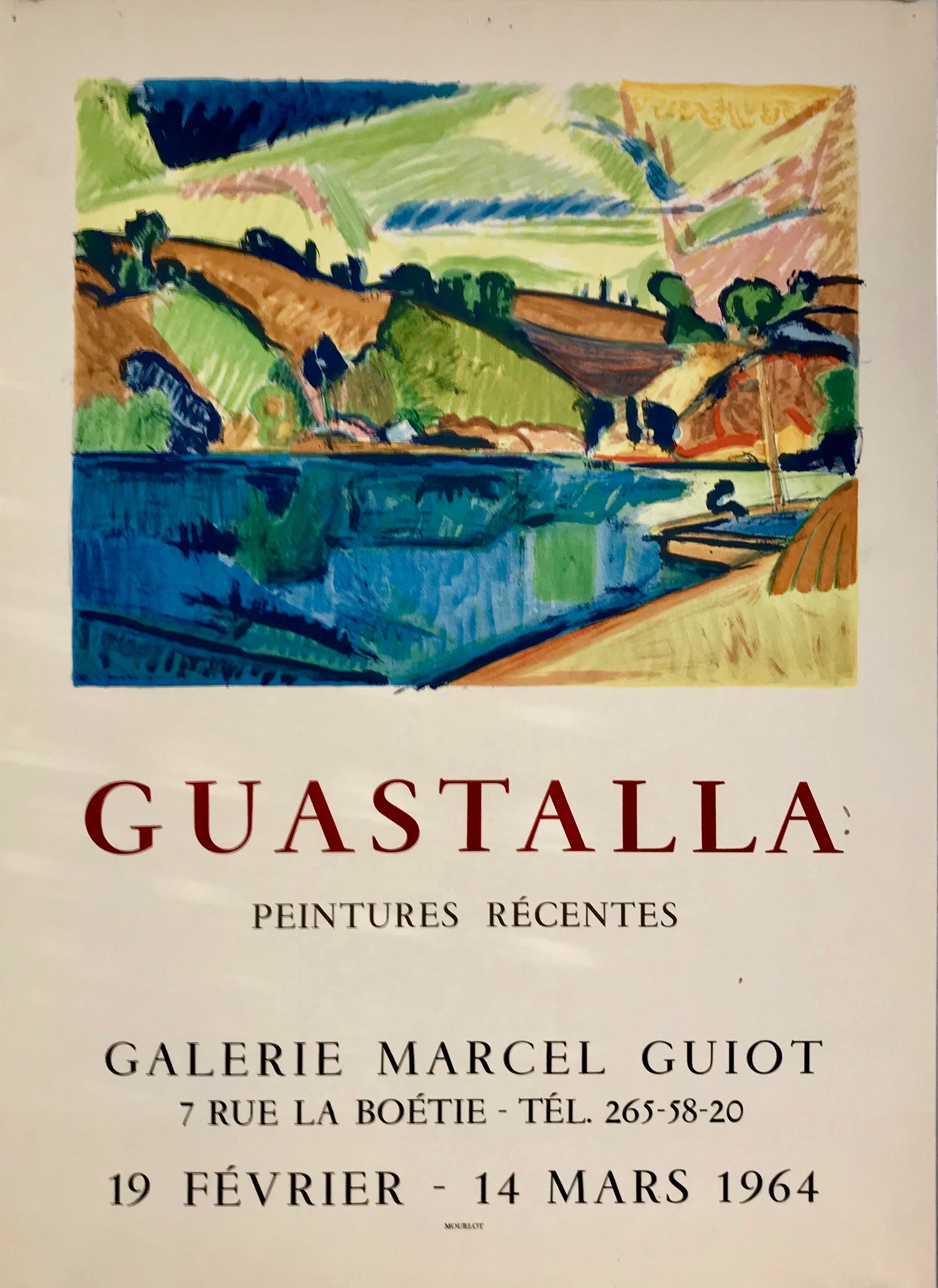 Affiche Galerie Marcel Guiot  Par Pierre Guastalla, 1964      Exposition des oeuvres de Pierre Guastalla  à la galerie Marcel Guiot,  du 19 février au 14 mars 1964.   Affiche représentant le Pont-Aven, commune bretonne, surnommée "la cité des peintres",  de par leur nombre important au XIX° siècle et début XX° siècle.