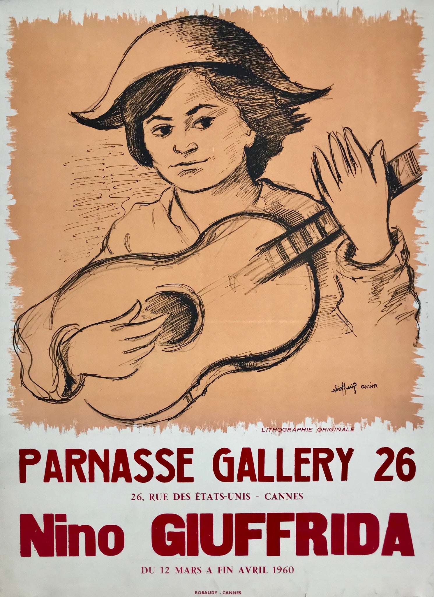 Affiche Ancienne  Parnasse Gallery 26  Par Nino Giuffrida, 1960      Exposition Parnasse Gallery 26, Cannes, 1960.  Portrait d'un guitariste sur fond orange.