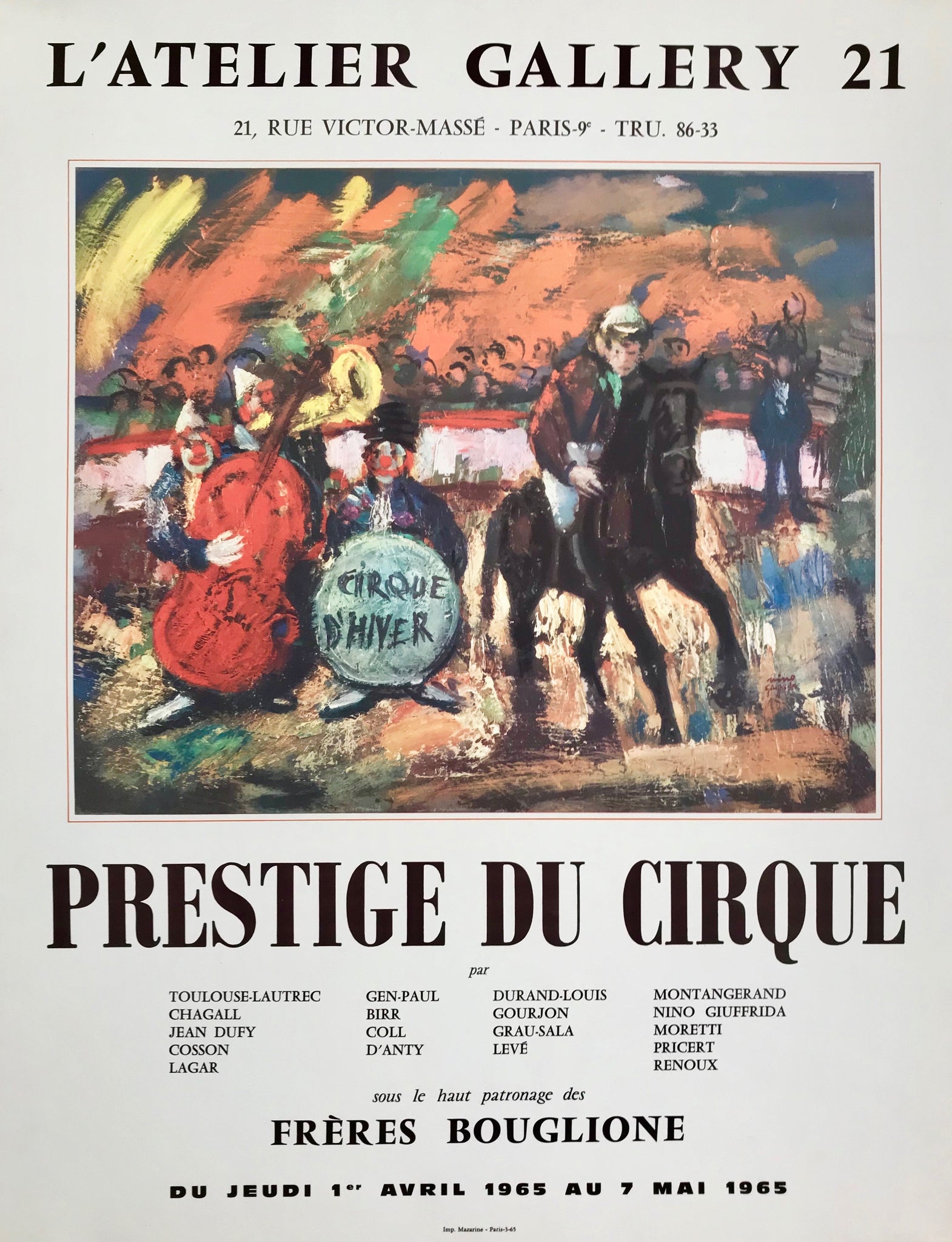 Affiche L'Atelier Gallery 21 - Prestige du cirque Par Marcel Cosson, 1965