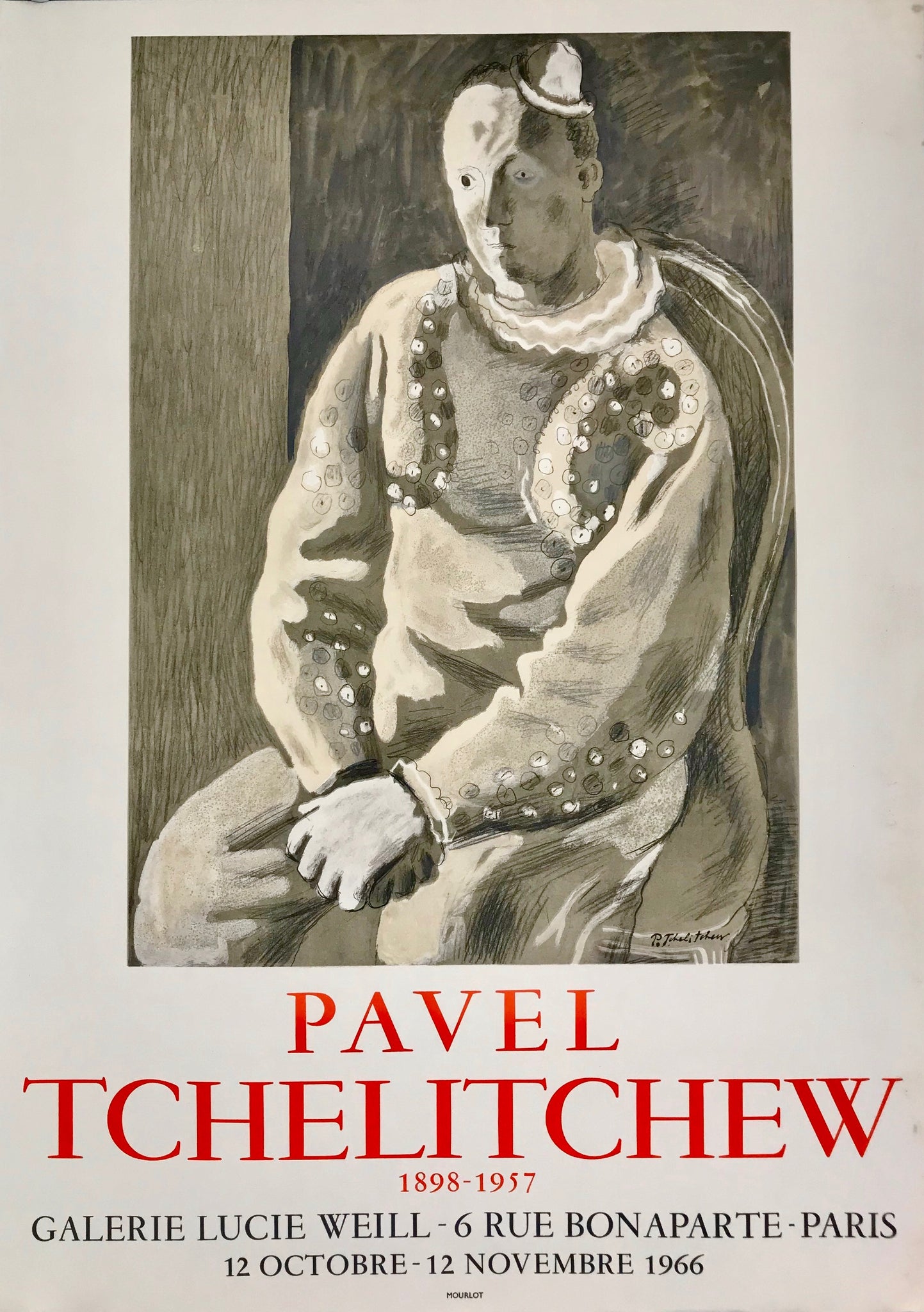 Affiche galerie Lucie Weill - Pierrot le clown  Pavel Tchelitchew 1966         Exposition sur l'artiste russe Pavel Tchelitche à la galerie Lucie Weill.  Du 12 Octobre au 12 Novembre 1966  L'affiche représente Pierrot le clown, assis sur une chaise, pensif.