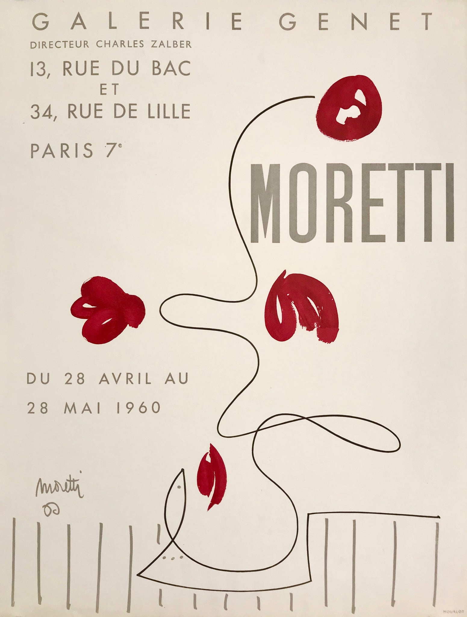 Affiche galerie Genet - Moretti 1960    Exposition des oeuvres de Moretti à la galerie Genet, Paris  du 28 avril au 28 mai 1960.