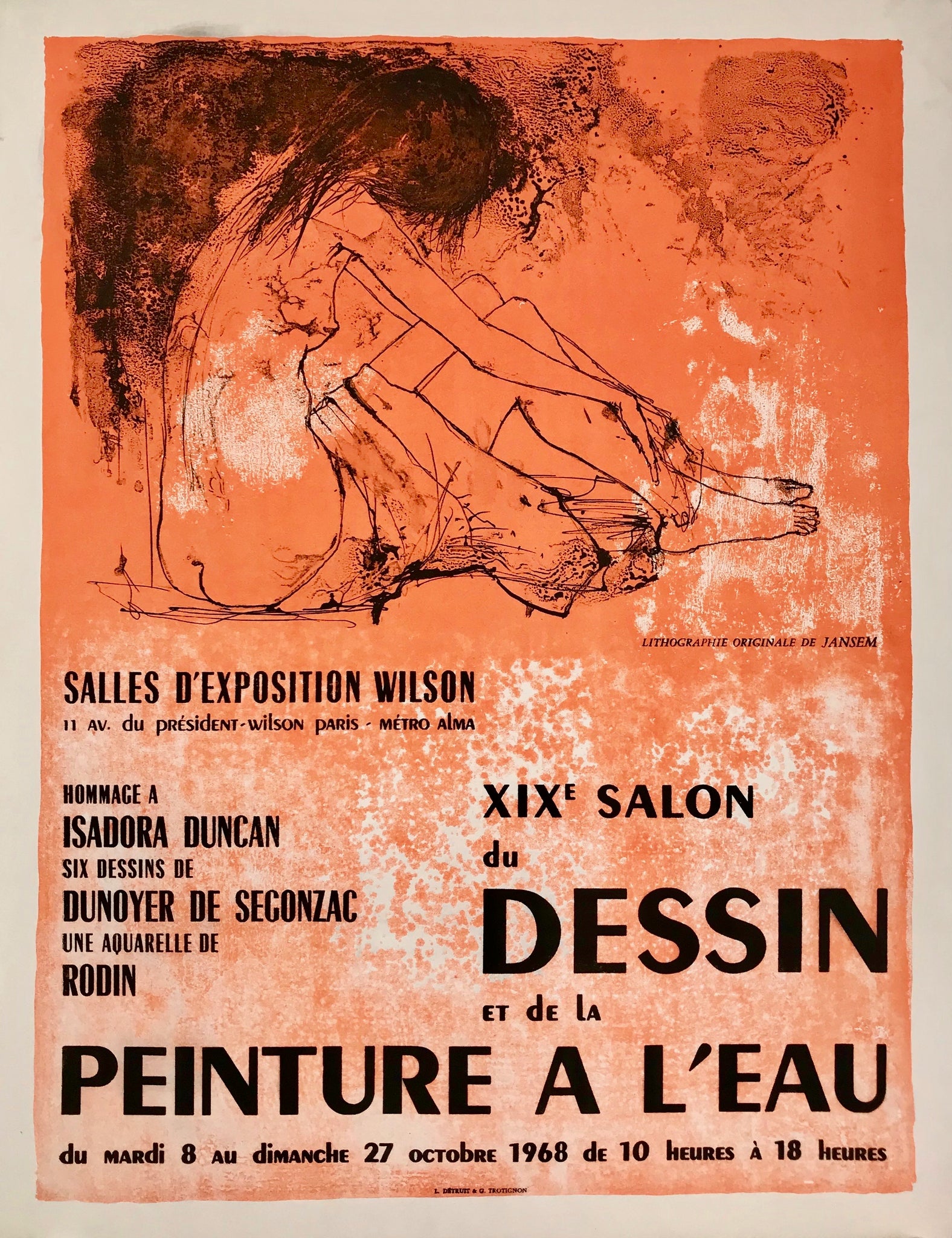  XIX° salon du dessin et de la peinture à l'eau, du 8 au 27 ocotbre 1968, Paris.  Image d'une fille assise, les jambes pliées sur fond orange.  Hommage à Isadora Duncan.