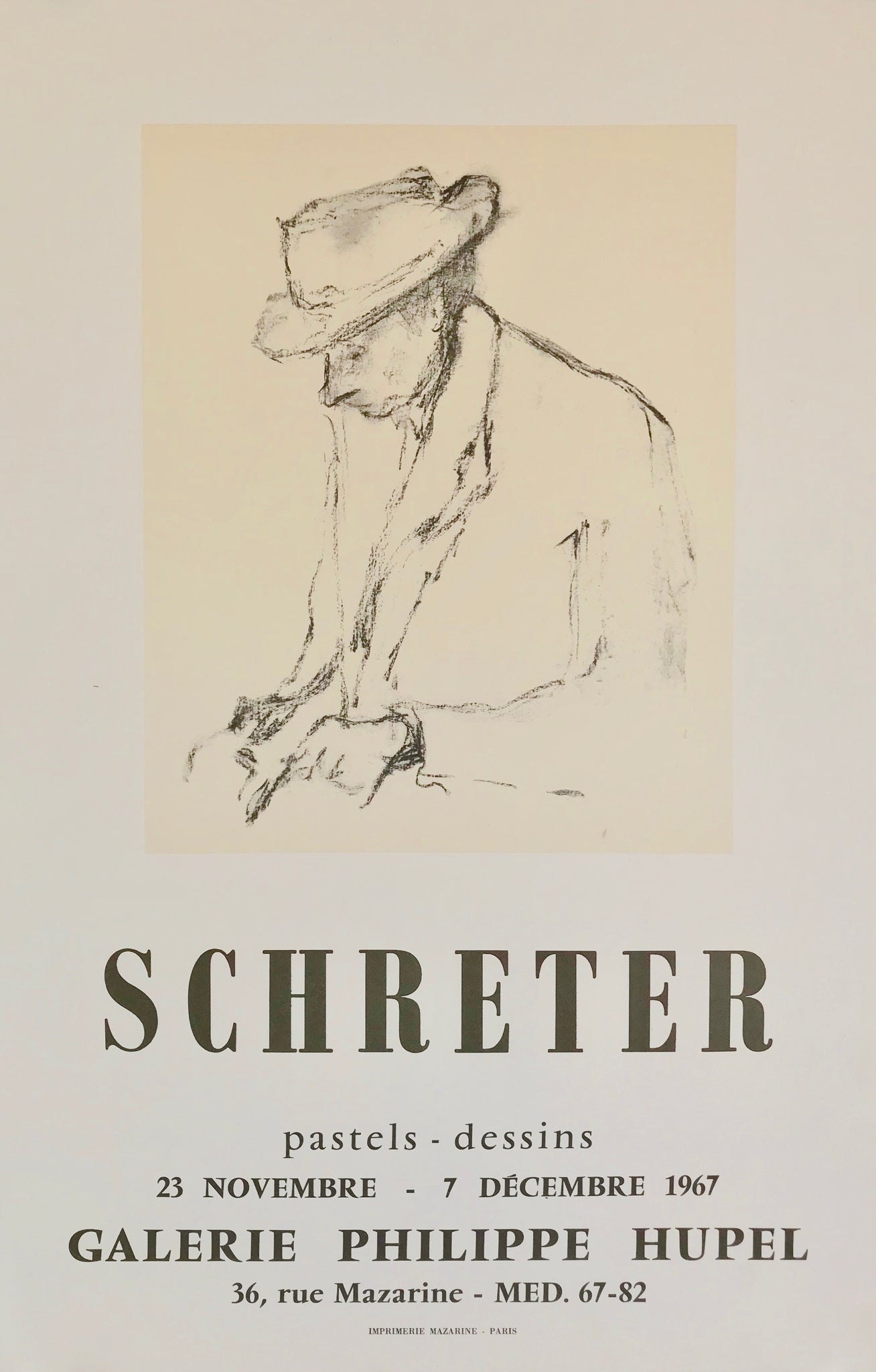 Exposition "pastels & dessins" à la galerie Philippe Huppel,  du 23 novembre au 7 décembre 1967.  Des oeuvres de Zygmund Schreter