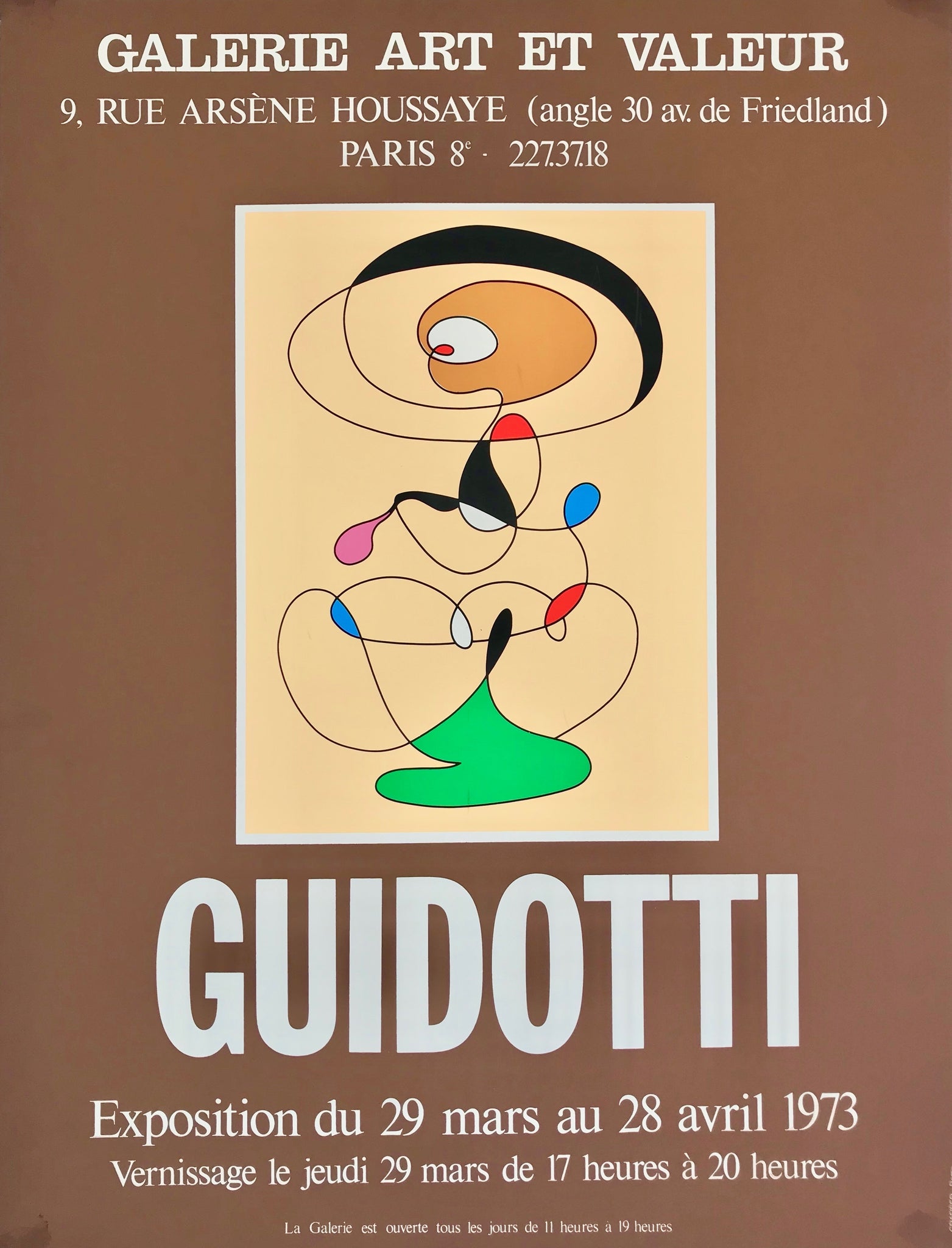 Affiche galerie Art et Valeur Par Guidotti, 1973    Exposition du 29 mars au 28 avril 1973, galerie Art et Valeur, Paris. Exposition sur Guidotti.