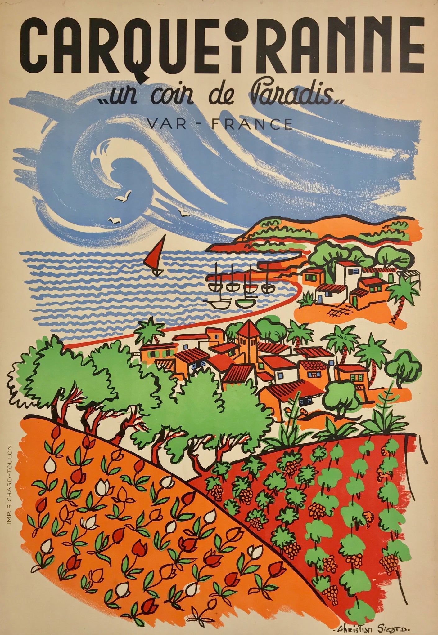 Affiche Carqueiranne... Un Coin de Paradis Par Christian Sicard, 1950