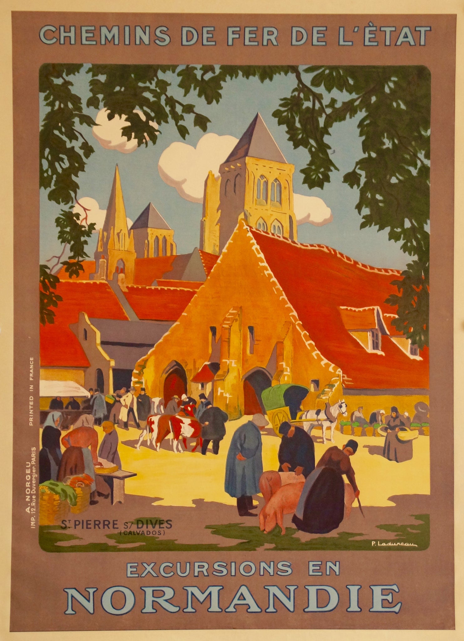 Affiche Chemin de Fer Excursions en Normandie  Par Ladureau, 1925