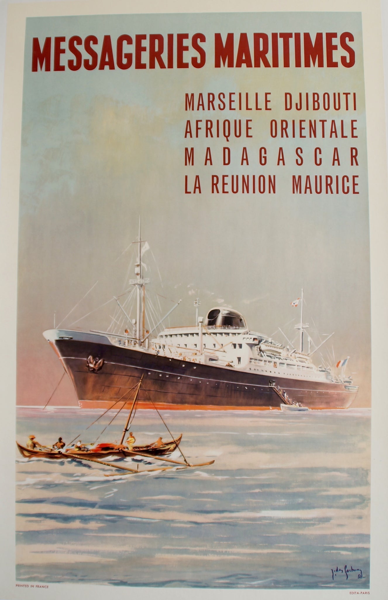 Affiche Vintage Messageries Maritimes - Marseille Djibouti  Par Jean des Gachon, 1958