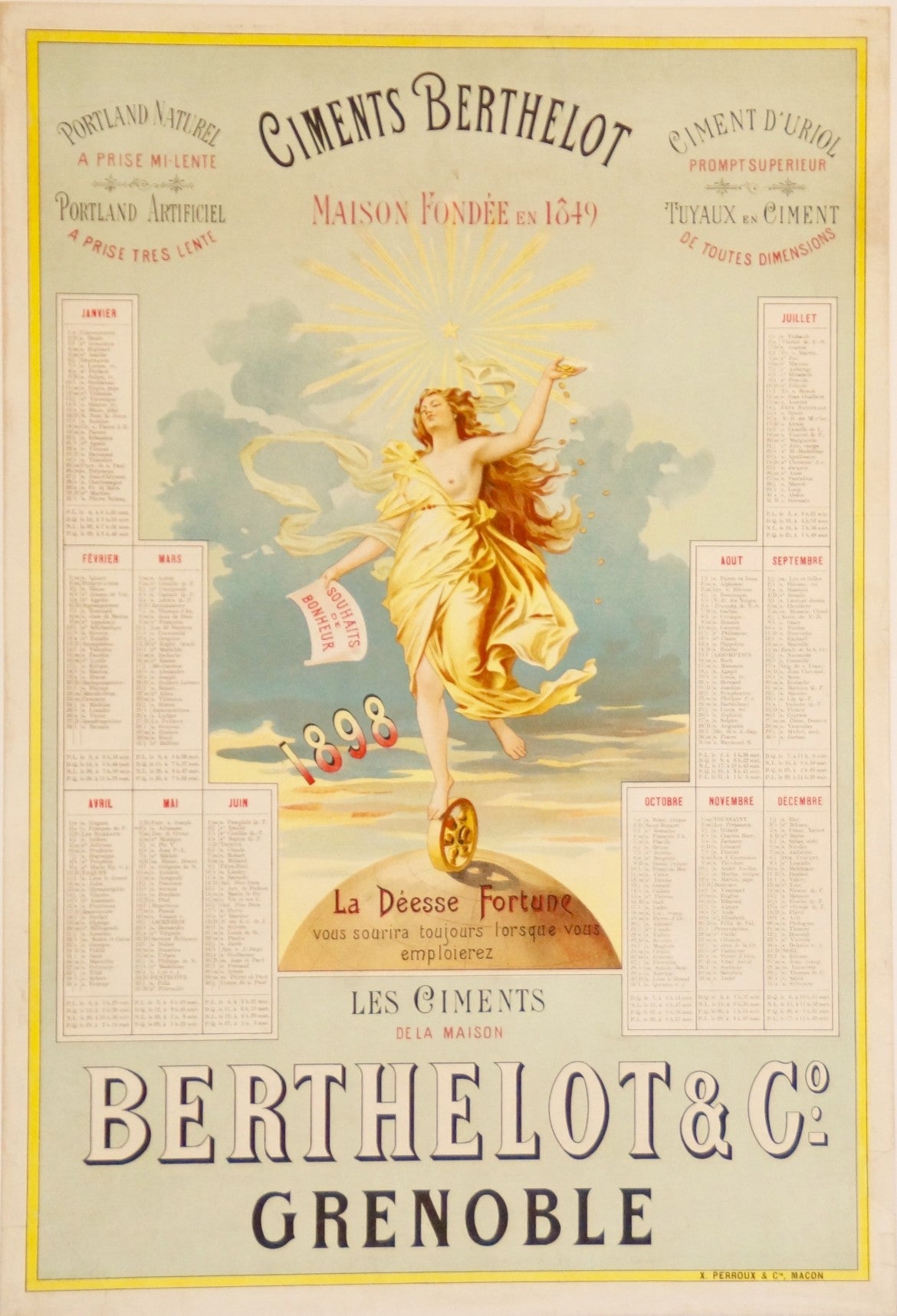 Affiche Ancienne Ciments Berthelot Grenoble Imprimerie Perroux, 1898