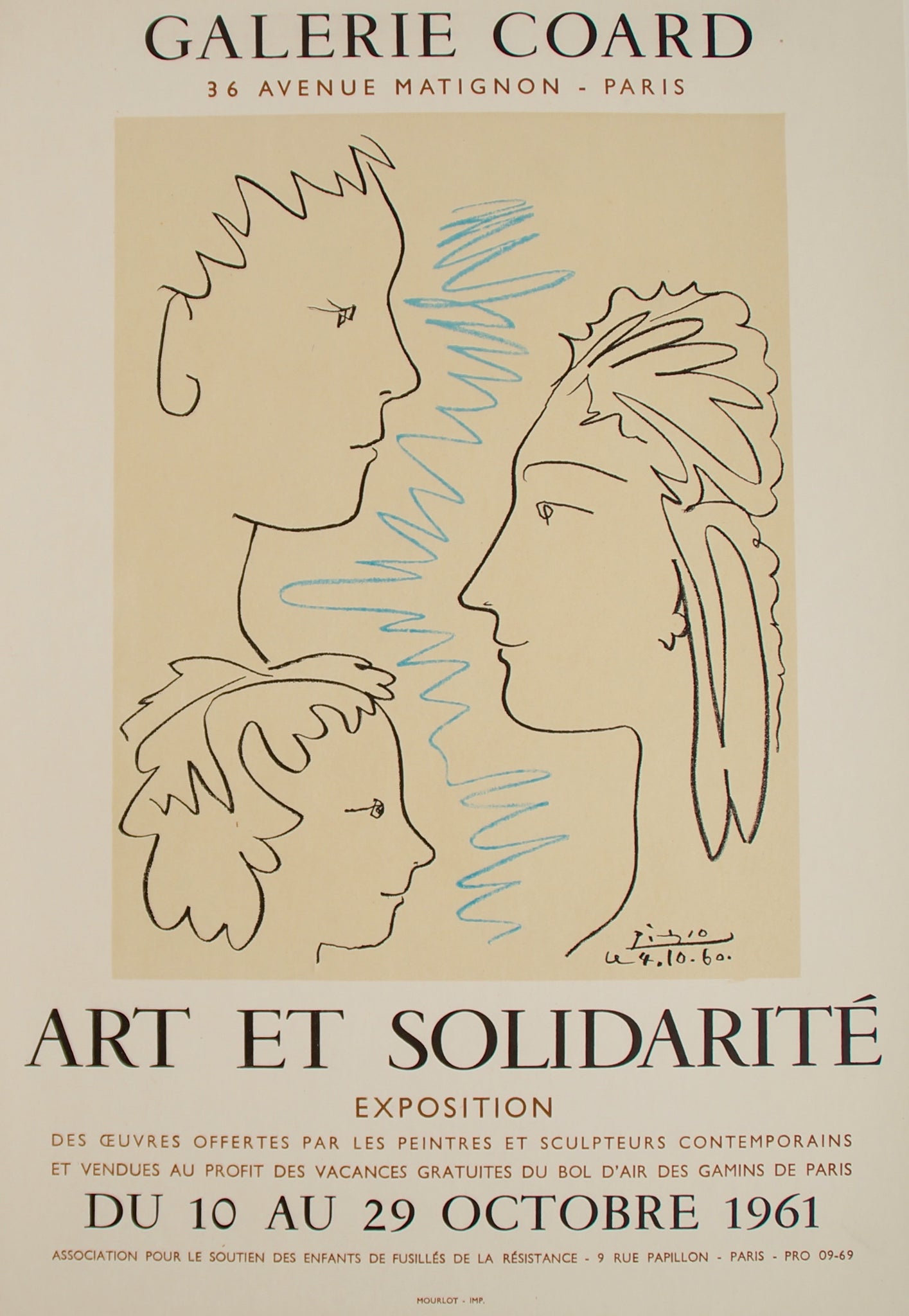 Affiche ancienne galerie Coard Art et solidarité d'après Picasso, 1961