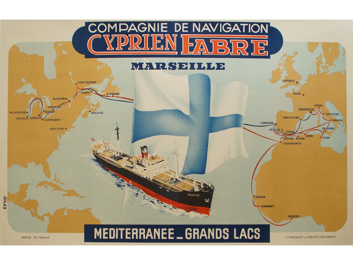 Affiche Vintage Compagnie navigation Cyprien Fabre Marseille 1950
