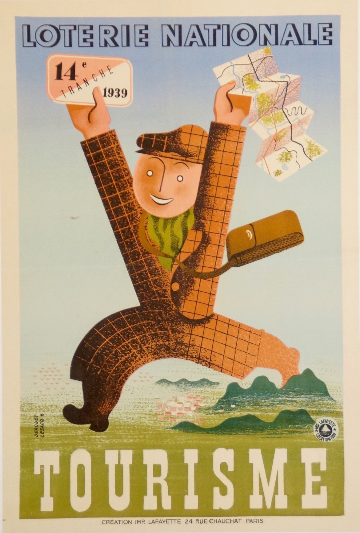 Affiche Vintage Loterie Nationale tourisme Par Derouet Lesacq, 1939    Affiche ancienne de 1939 pour la loterie nationale représentant un touriste parcourant la campagne française. 14ème tranche