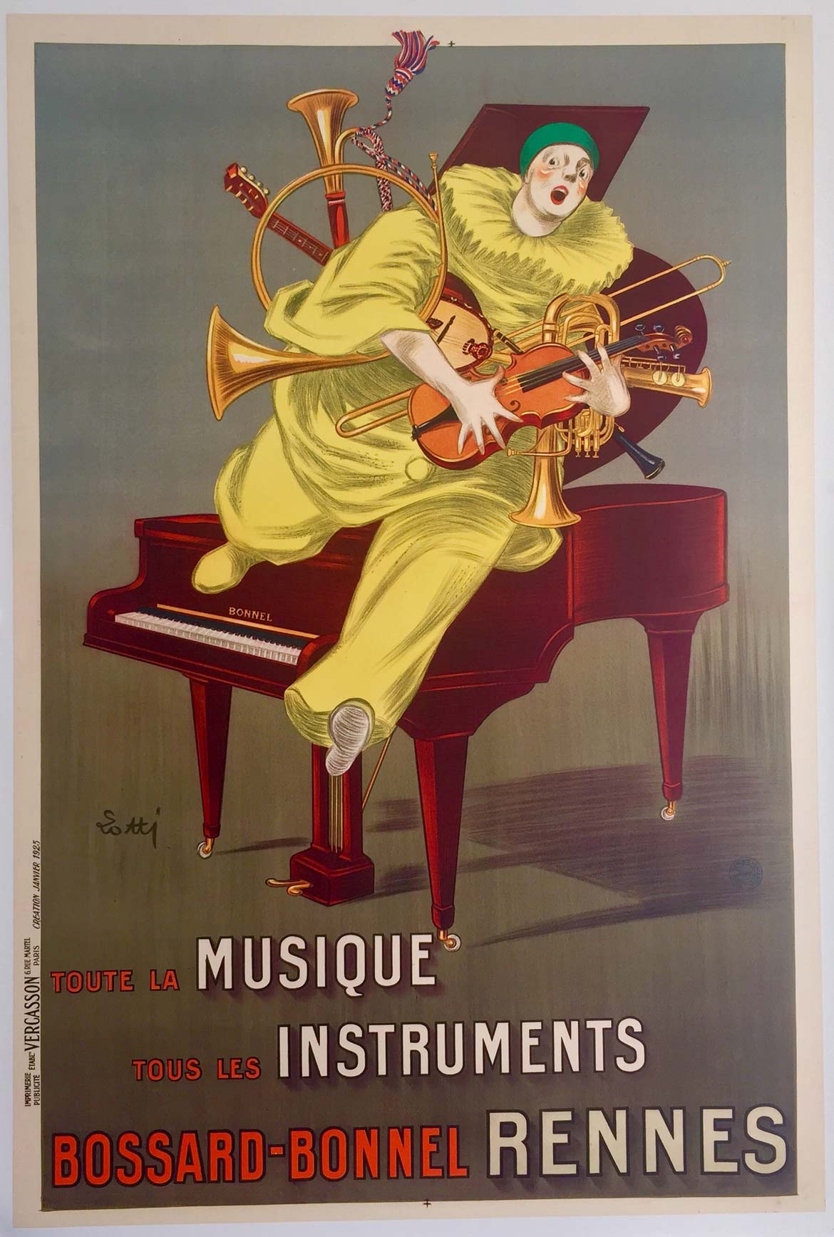 Affiche Lithographique de 1924, représentant un Pierrot qui porte tous les instruments que l'on peut trouver dans le magasin Bossard-Bonnel à Rennes.