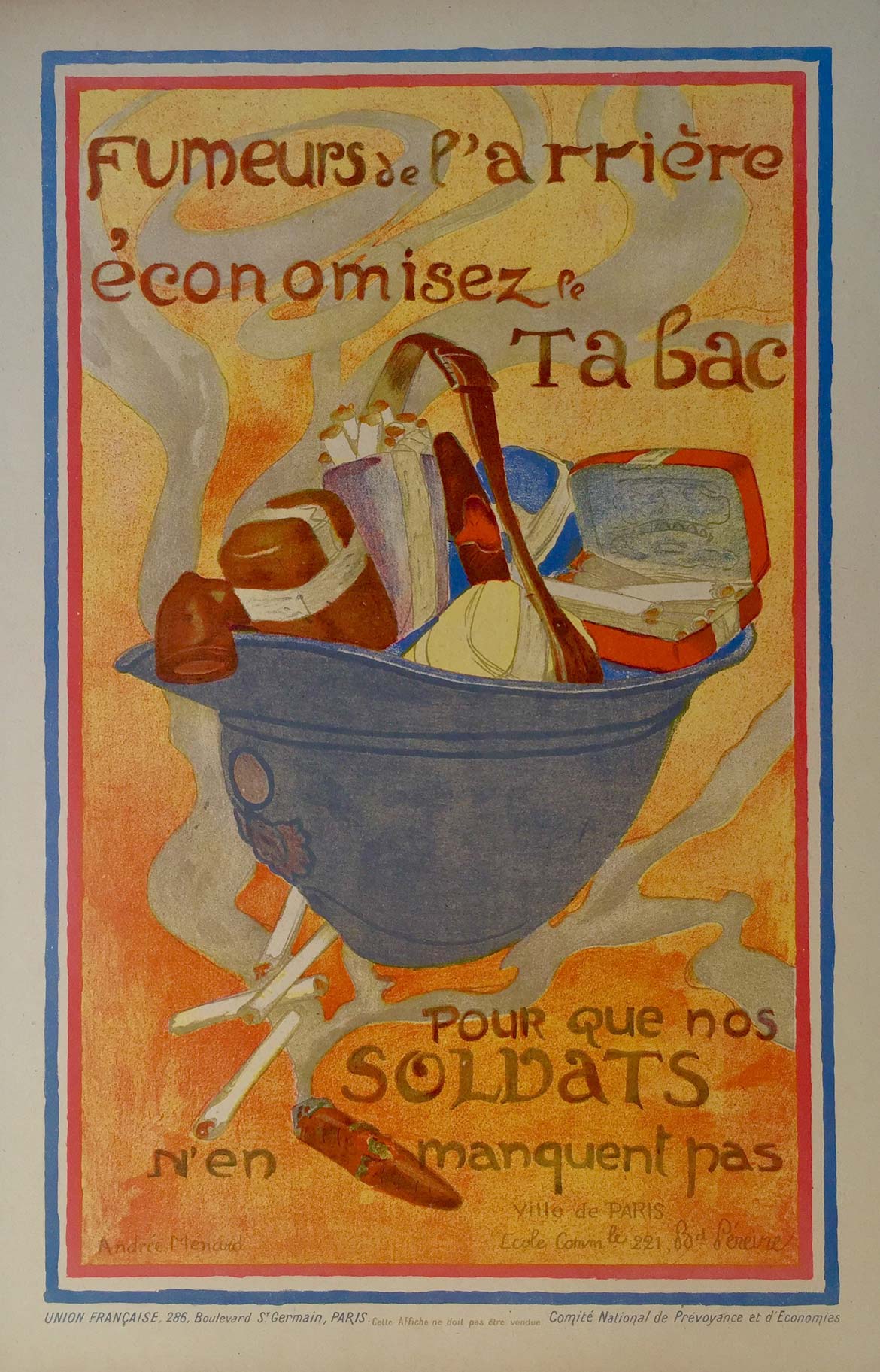 Affiche Propagande - Fumeurs de l'arrière économisez le tabac Par les Ecoliers de Paris, 1917