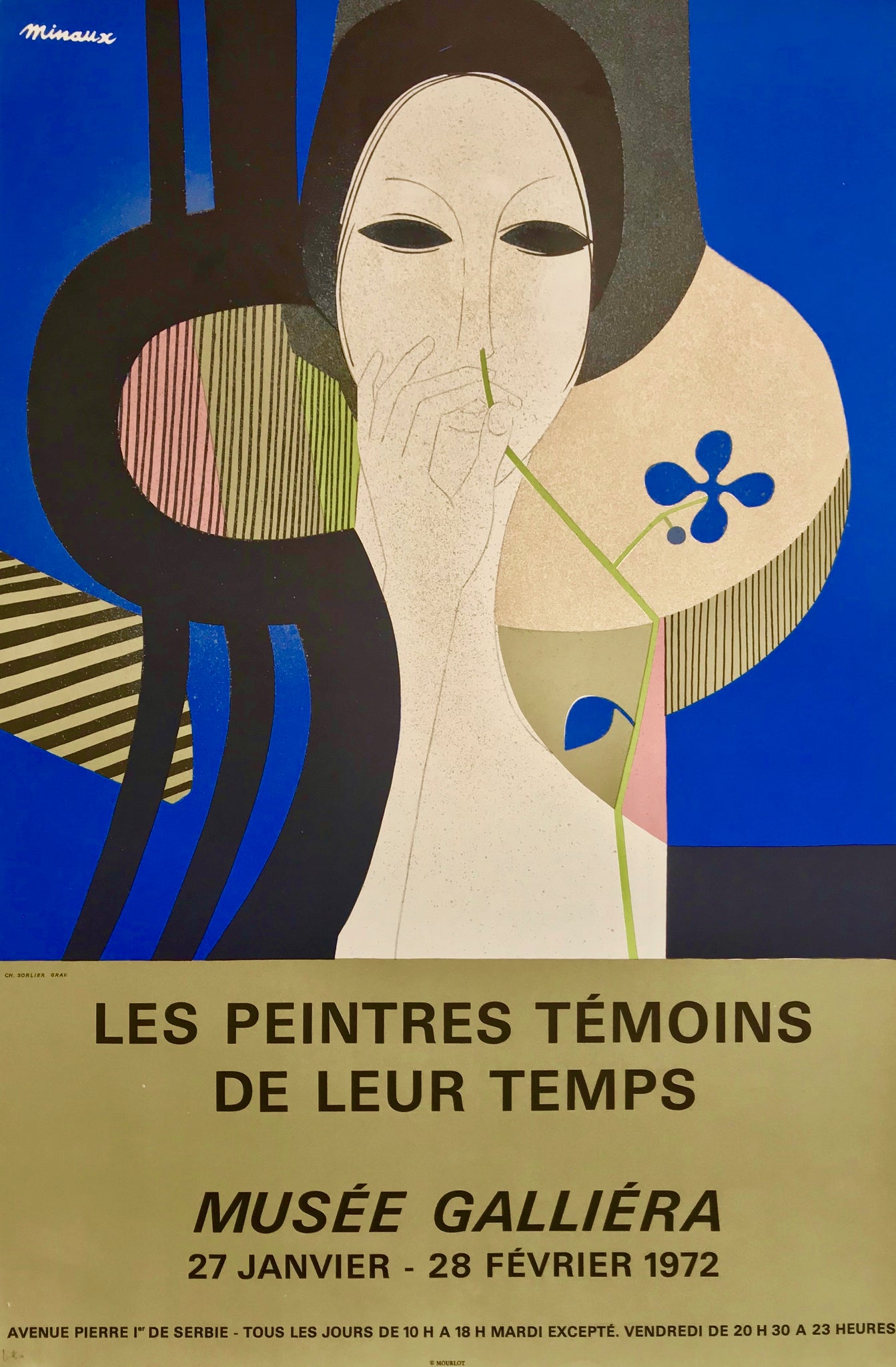 Affiche originale du Musée Galliera pour l'exposition  "Les peintres témoins de leur temps", dessinée par André Minaux.  Du 27 Janvier au 28 Février 1972