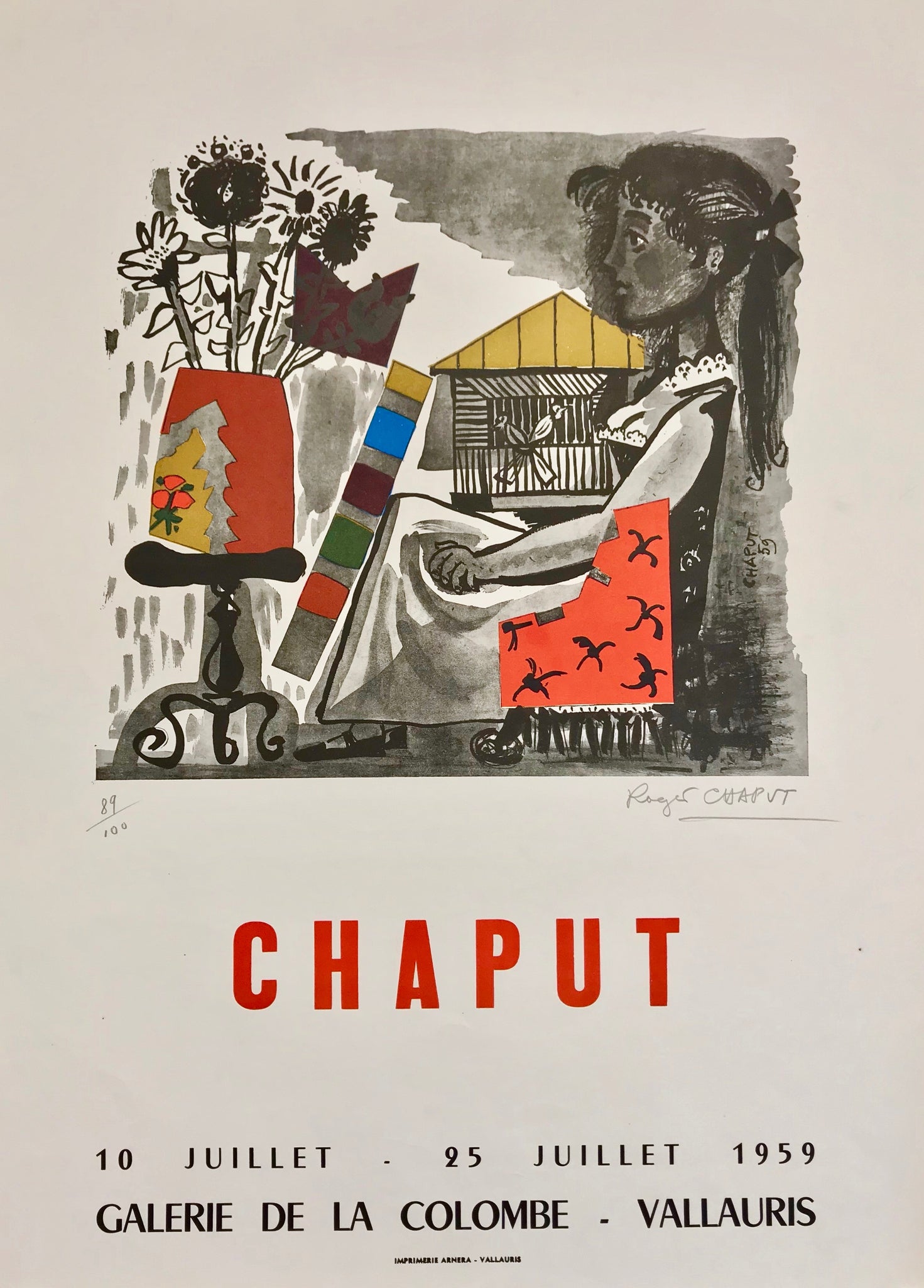 Affiche lithographique originale réalisée pour l'exposition sur Roger Chaput  à la galerie de la colombe, Vallauris.  Du 10 au 25 Juillet 1959  L'affiche est numérotée et signée par l'artiste au crayon, 89/100.