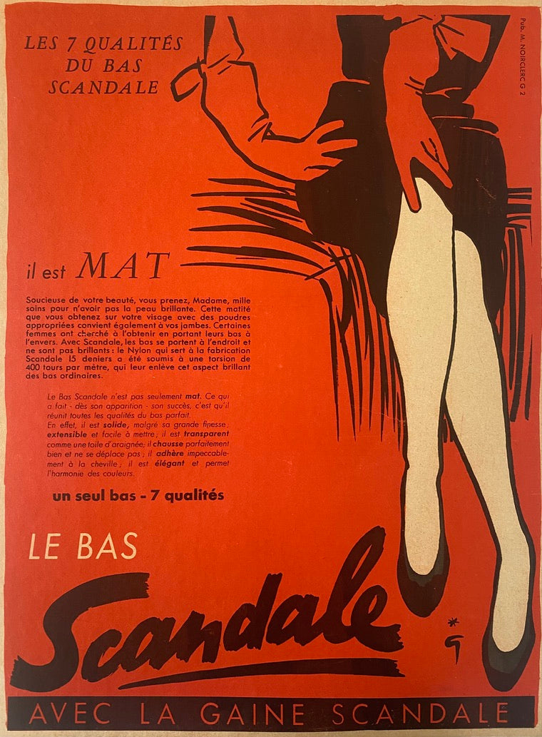 Scandale ! Avec la Gaine Scandale  Publicité ancienne originale, provenant d'une revue ancienne de 1950  Cette affichette est entoilée 