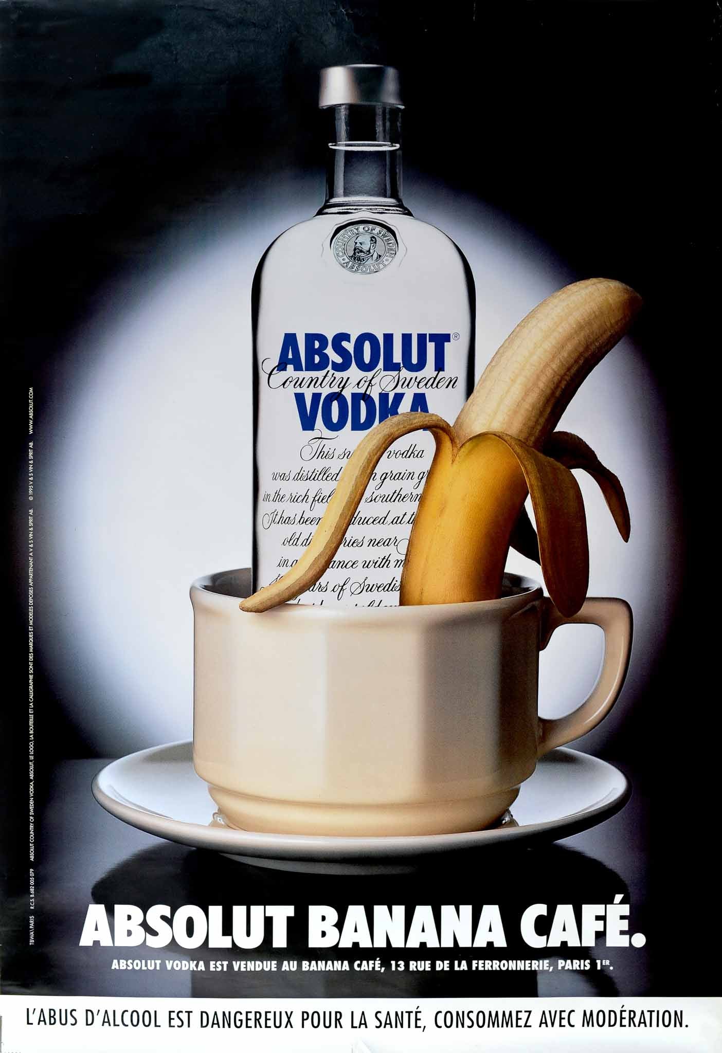 Affiche Absolut Vodka Banana Café, 1994       Rare Affiche Orginale Absolut Banana café réalisée par l'agence TBWA,   Grand Format - Trés décoratif   Absolut Vodka Country of Sweden