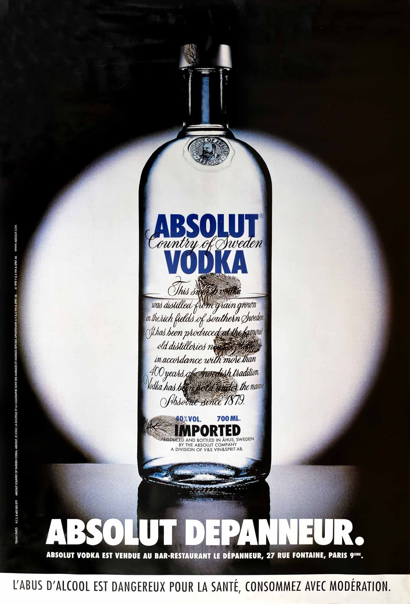 Affiche Absolut Vodka Depanneur, 1998       Rare Affiche Orginale Absolut Depanneur  réalisée par l'agence TBWA,   Grand Format - Trés décoratif   Absolut Vodka Country of Sweden