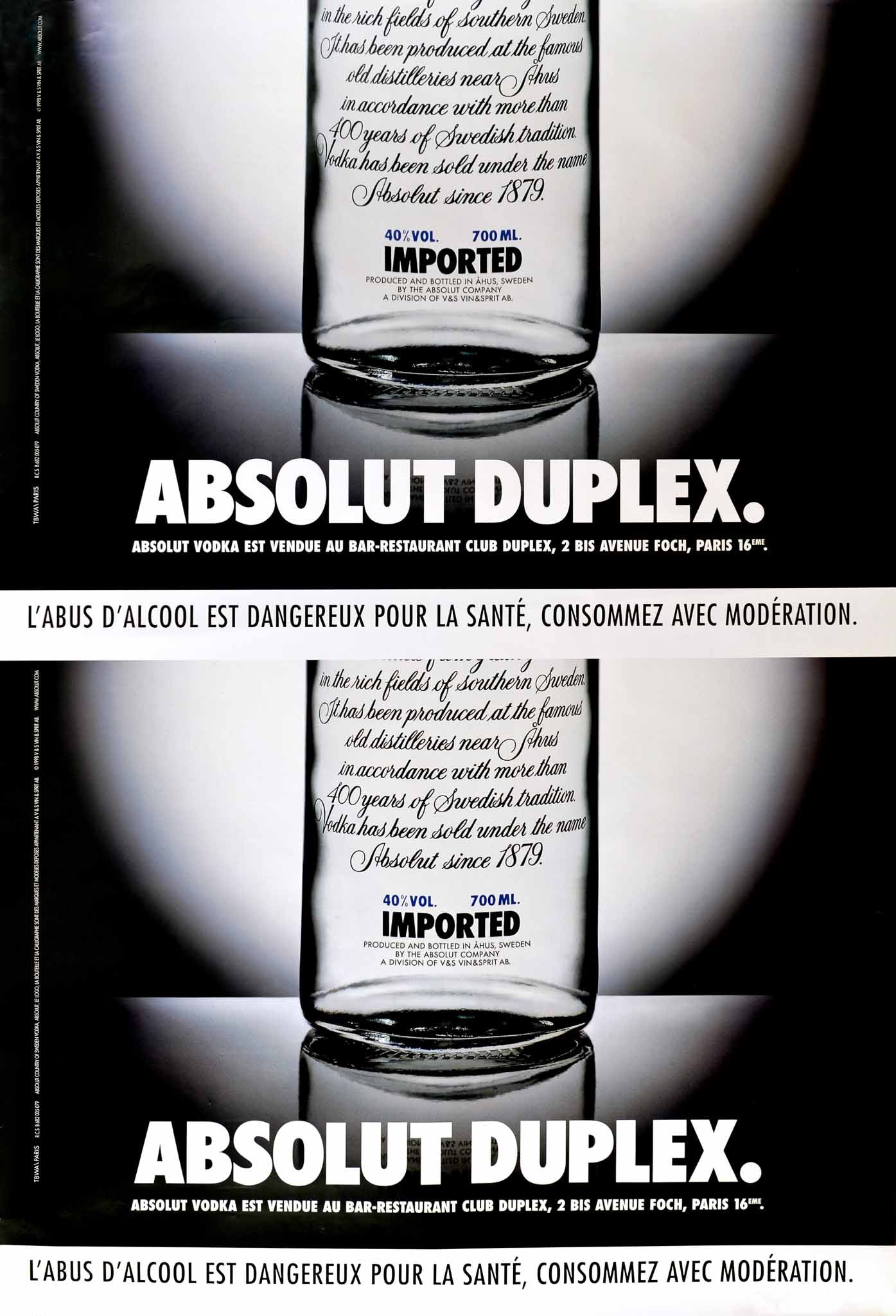 Affiche Absolut Vodka Duplex, 1998       Rare Affiche Orginale Absolut Duplex  réalisée par l'agence TBWA,   Grand Format - Trés décoratif   Absolut Vodka Country of Sweden