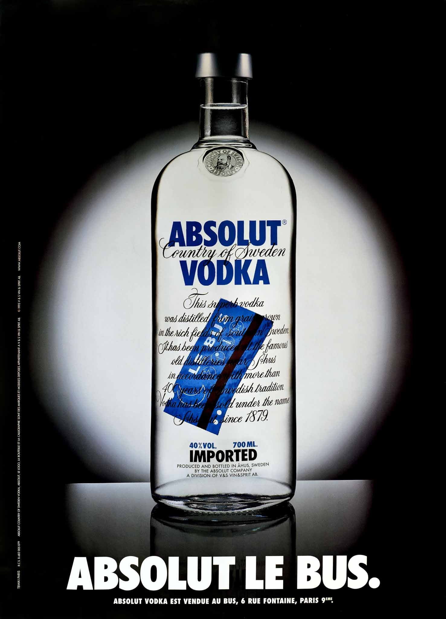 Affiche Absolut Vodka Le Bus, 1995       Rare Affiche Orginale Absolut Le Bus  réalisée par l'agence TBWA,   Grand Format - Trés décoratif   Absolut Vodka Country of Sweden