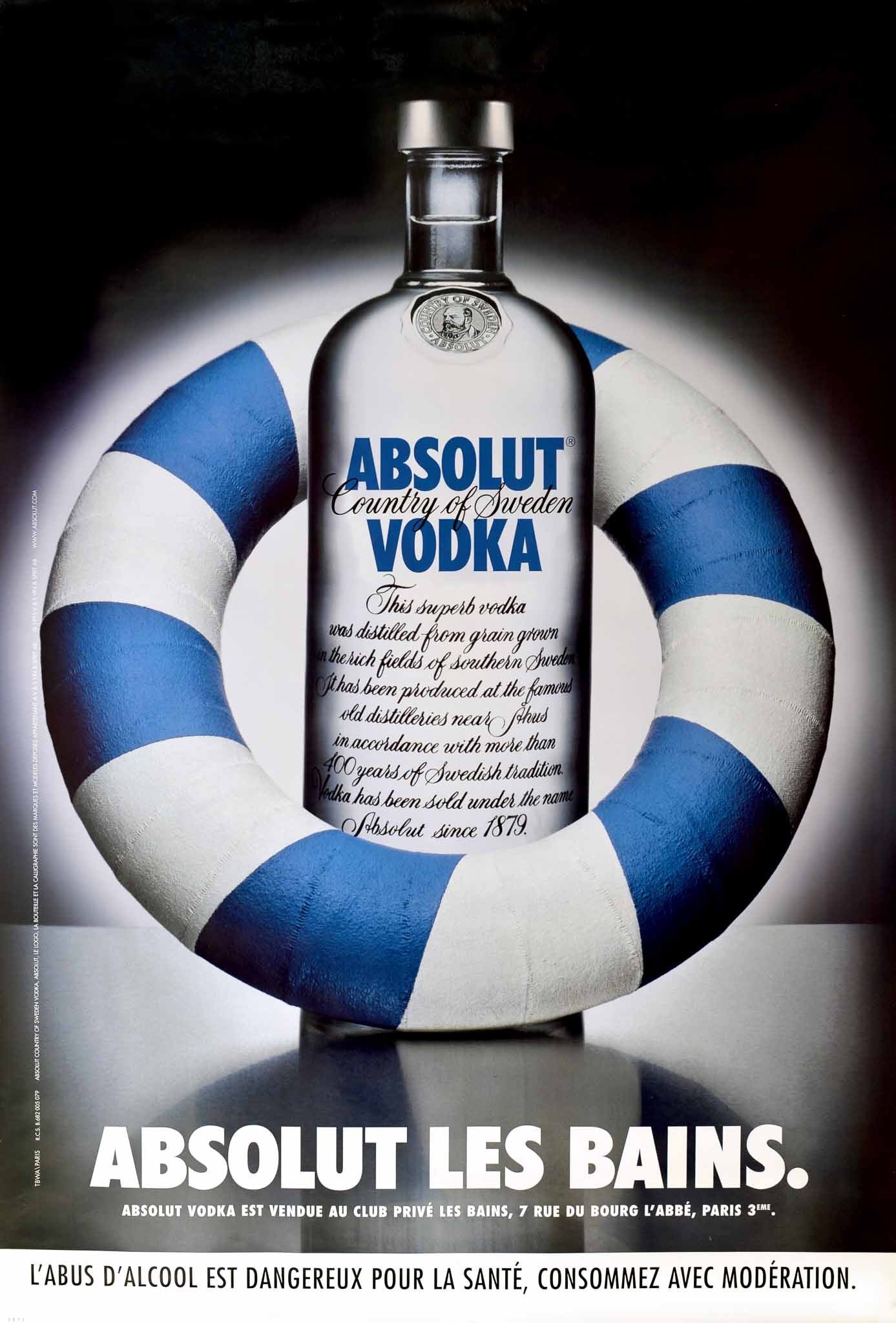 Affiche Absolut Vodka Les Bains, 1993       Rare Affiche Orginale Absolut Les Bains réalisée par l'agence TBWA,   Grand Format - Trés décoratif   Absolut Vodka Country of Sweden