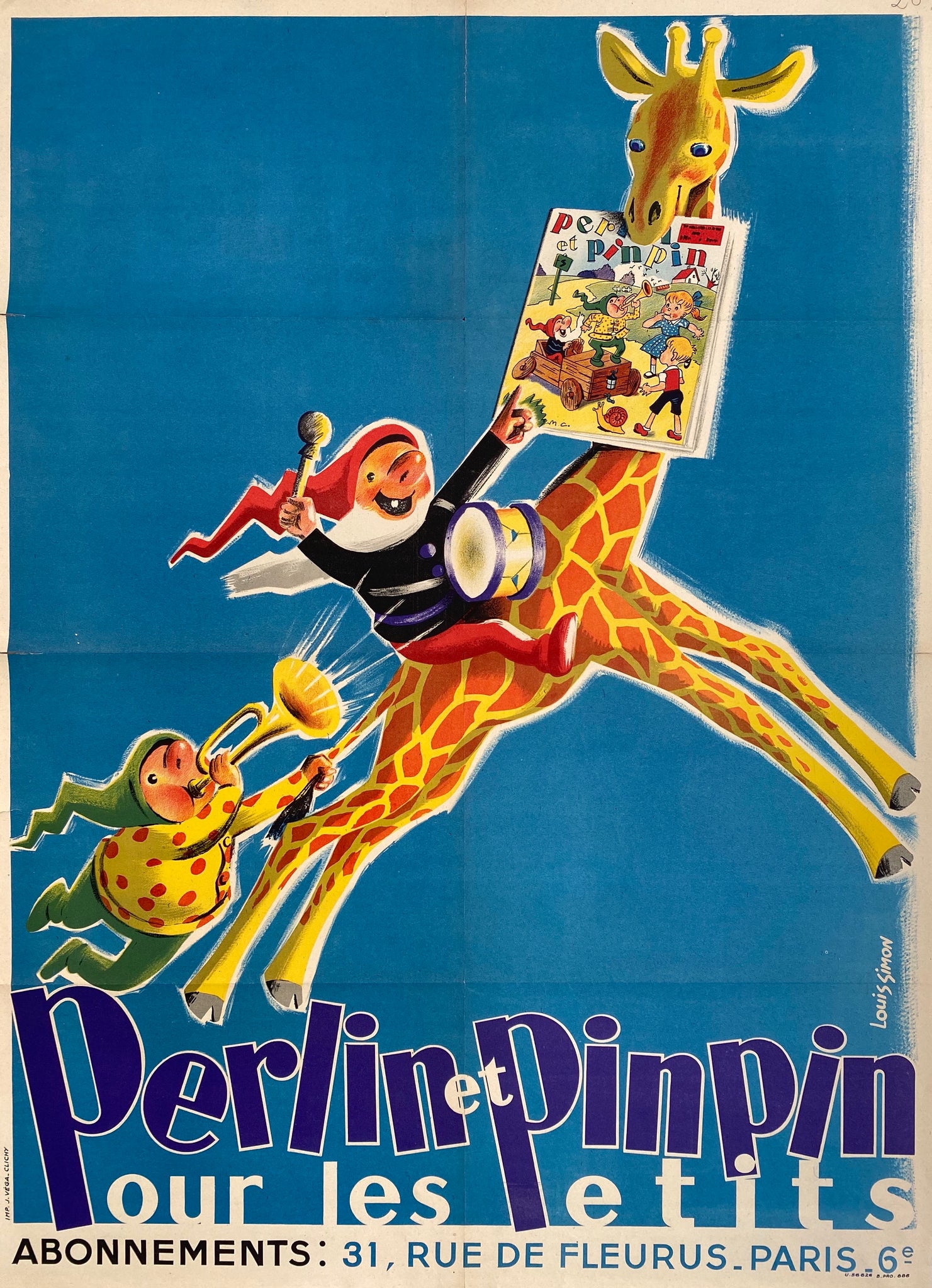 Affiche ancienne Perlin et Pinpin pour les petits Par Louis Simon, 1956