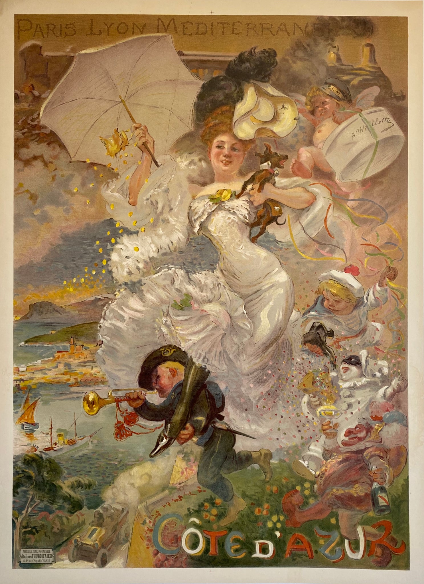 Affiche ancienne originale PLM - Côte d'azur  Par Adolphe Willette, 1898