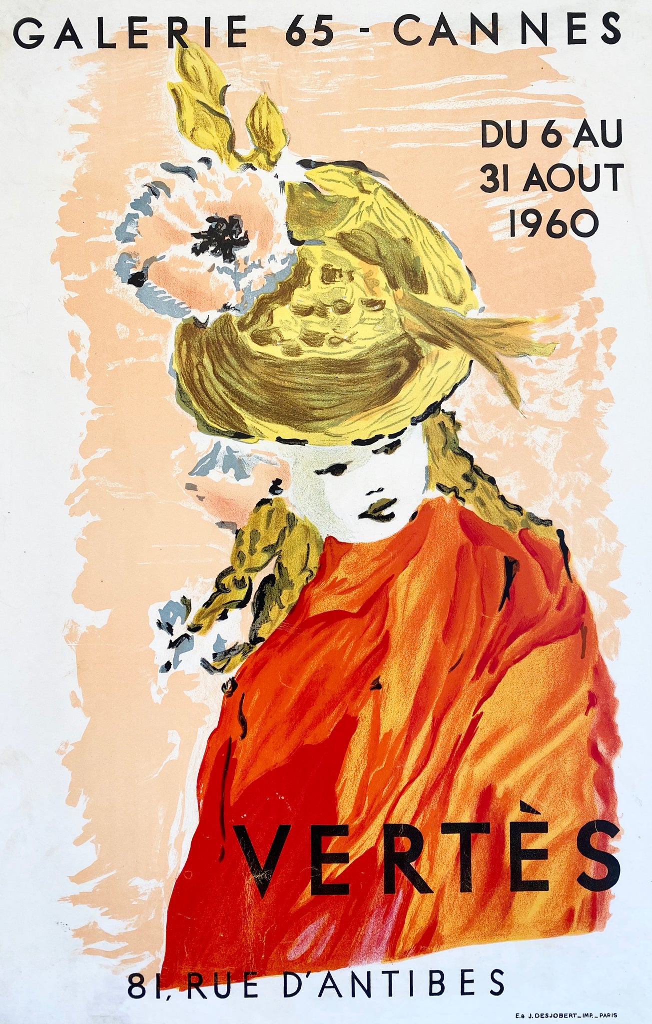 Affiche originale lithographique réalisé à l'occasion de l'exposition de Marcel Vertés   à la Galerie 65 - Cannes 81 rue d'antibes,  se déroulant du du 6 au 31 aout 1960 à Cannes.