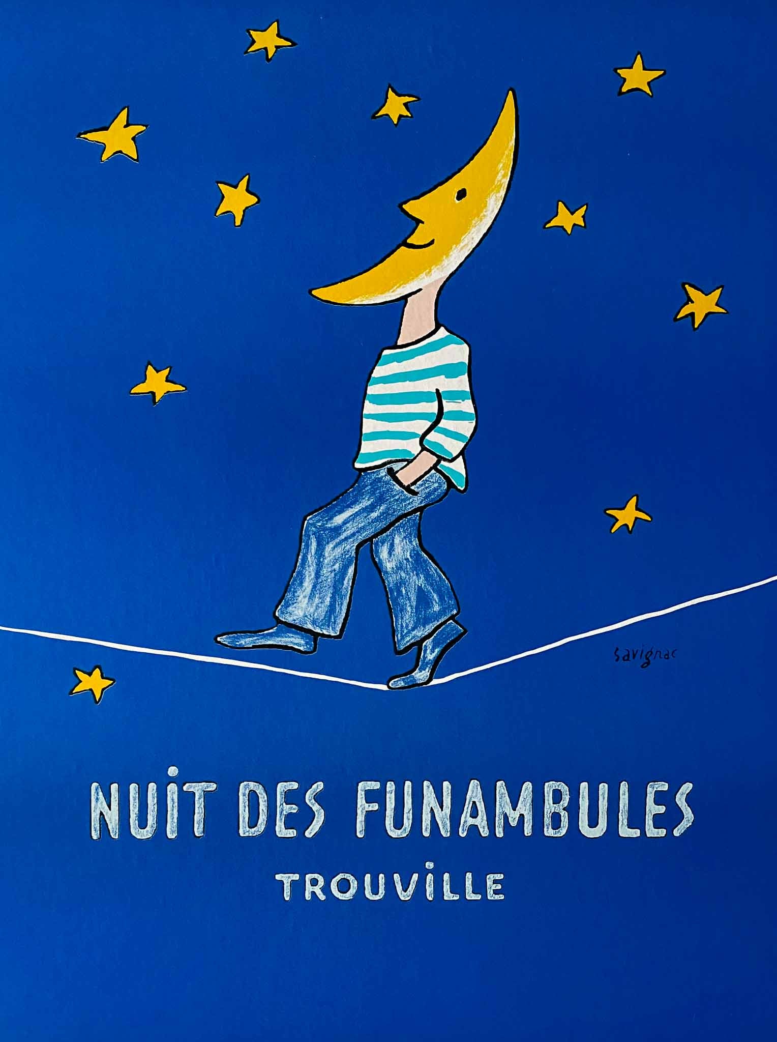 Superbe affiche très décorative, du célèbre affichiste Français, Raymond Savignac.  Faisant la promotion de la Nuit des Funambules se déroulant à Trouville