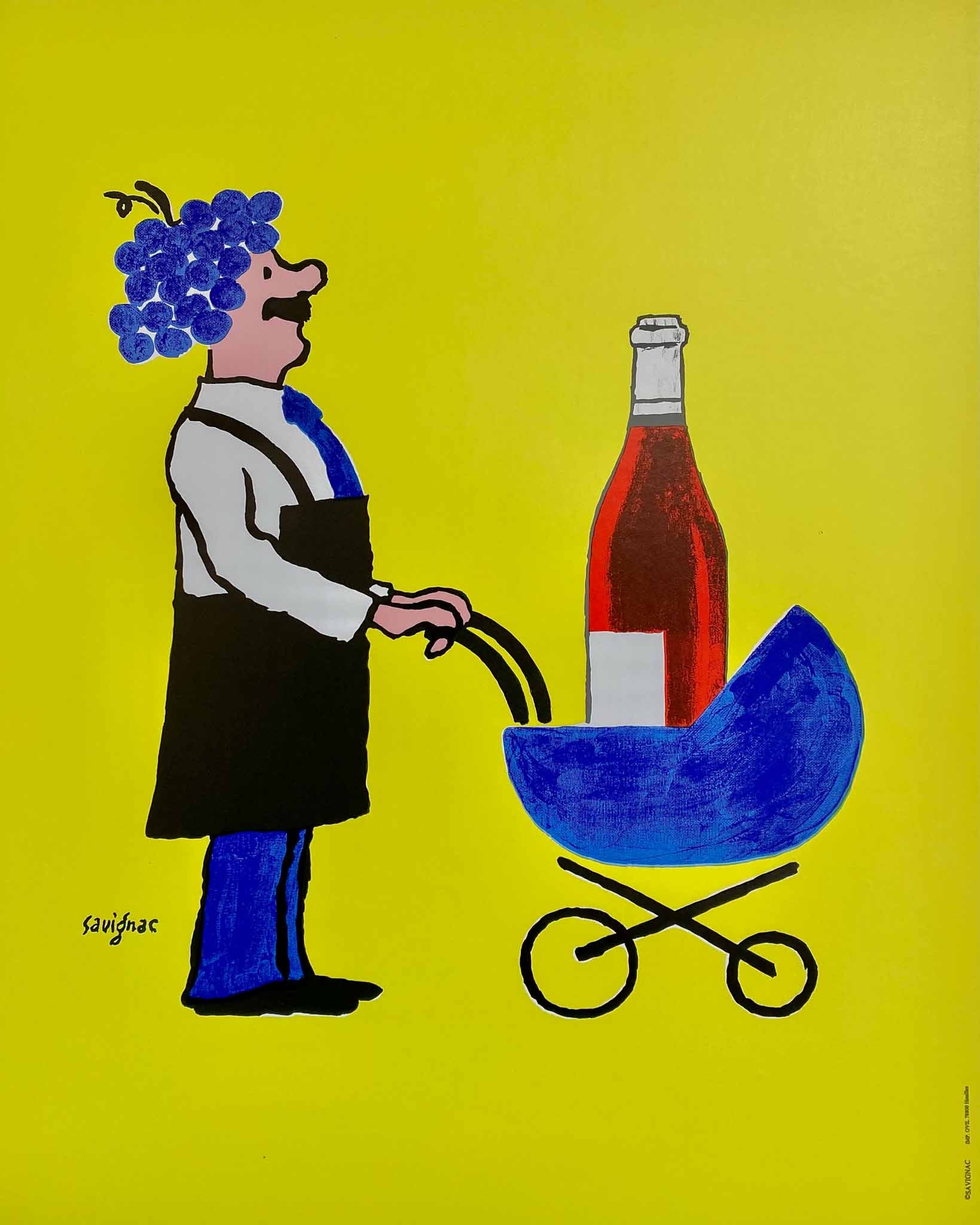 Affiche originale de Raymond Savignac dessinée en 1993 pour célébrer l'arrivée du Beaujolais Nouveau.  Chaque année, le troisième jeudi de novembre marque la sortie du Beaujolais Nouveau,  un vin fait uniquement à partir de raisins Gasmay cueillis à la main dans les vignobles du Beaujolais.